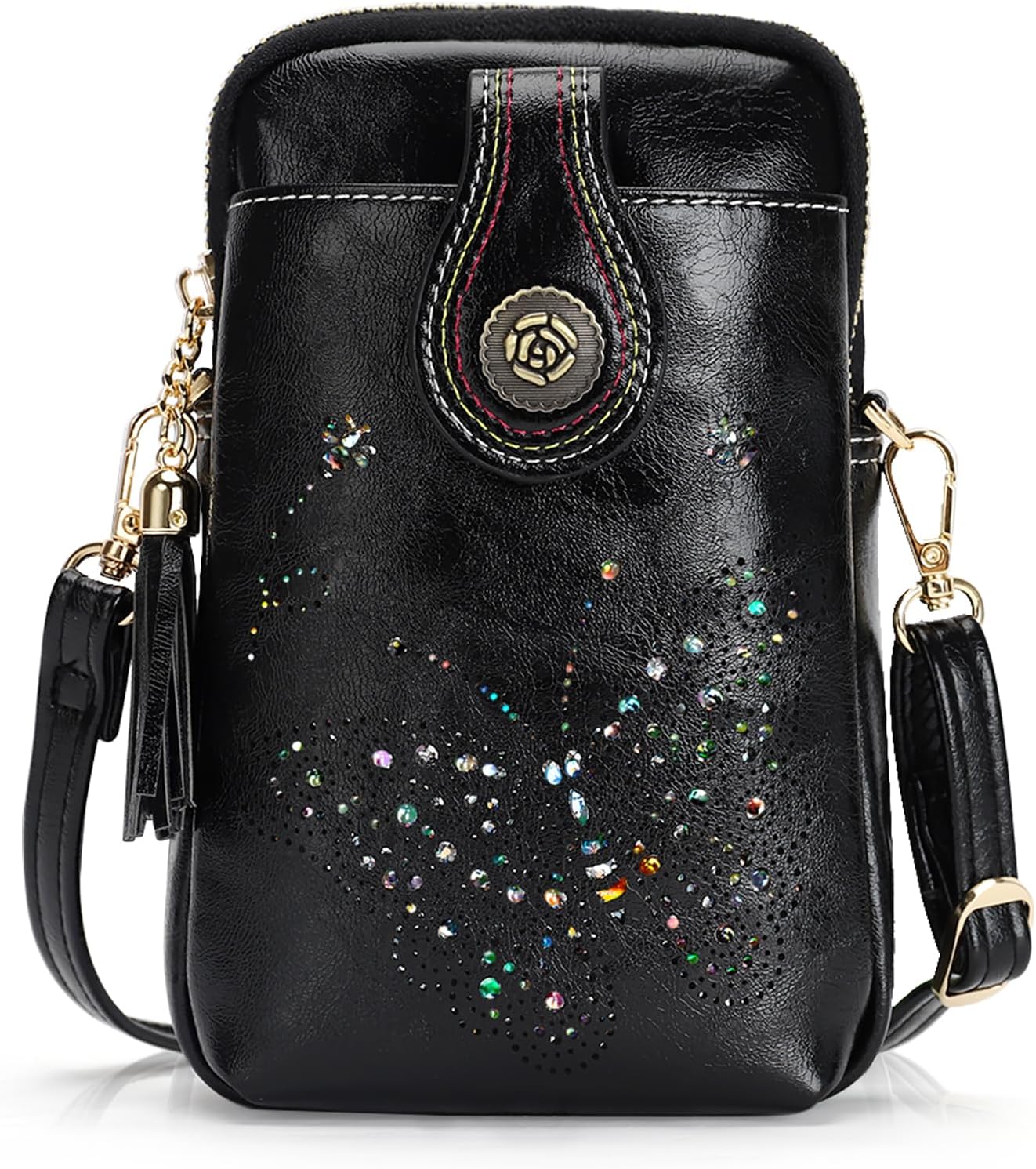 KITEVIUN Small Crossbody Bags for Women, Lightweight Mini Cute Cell Phone Purse for Women with Tassel Shining Butterfly