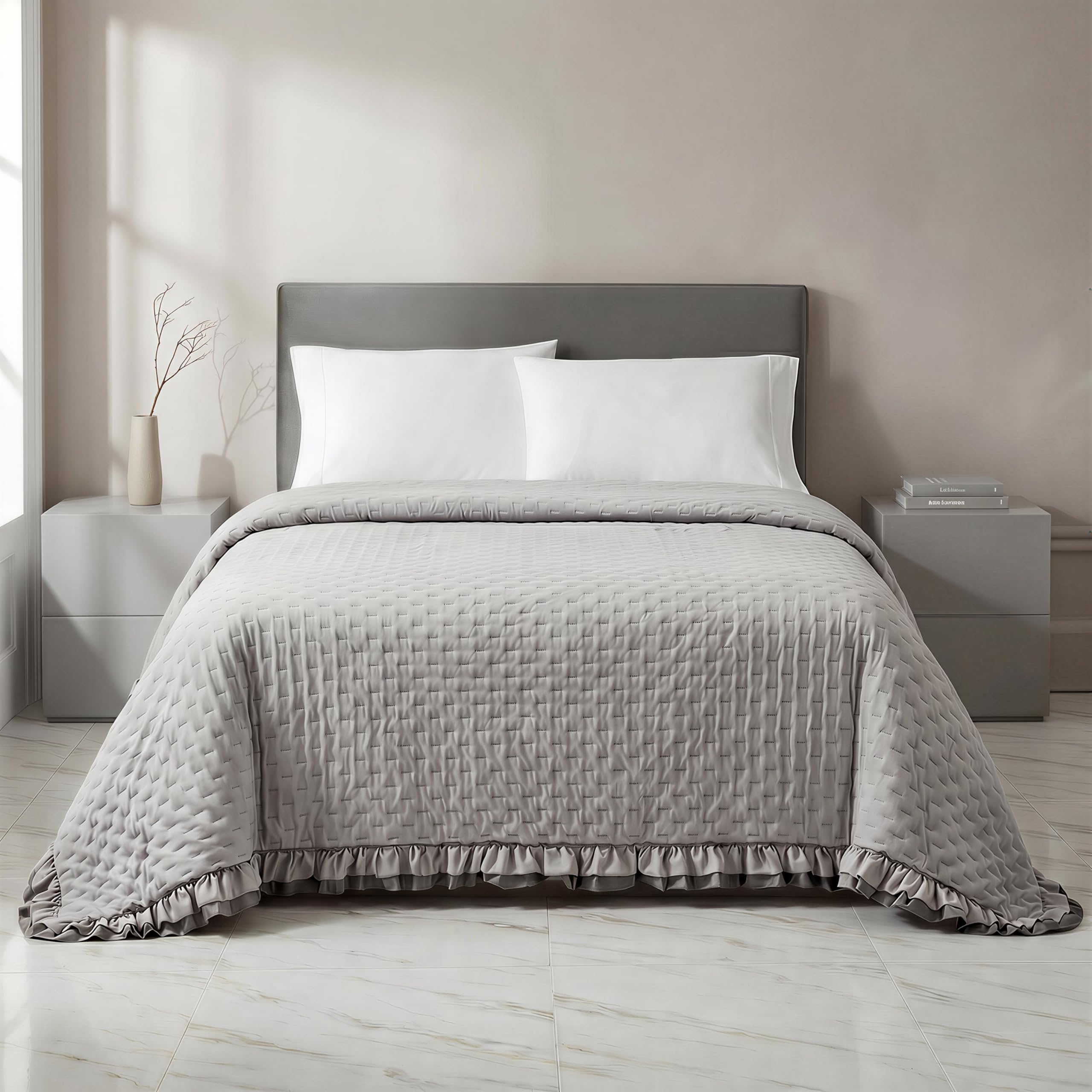Riad Arredo Colcha de matrimonio de doble cara con volantes de primavera de verano suave microfibra – Colcha acolchada ligera elegante Shabby (gris/antracita)