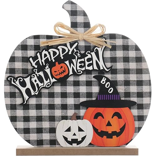 Halloween Pumpkin Decorations, 11"/28CM Wooden Buffalo Plaid Tabletop Decorations, for Home Farmhouse Living Room Indoor Party Decor.