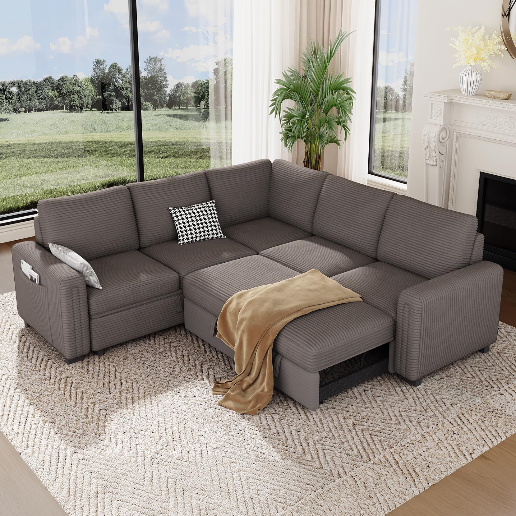 Vesgantti 88.4" Sleeper Sectional Couch with Pull Out Bed, 5 Seater L Shaped Modular Sectional Sofa with Storage, Comfy Corduroy Modular Sofa for