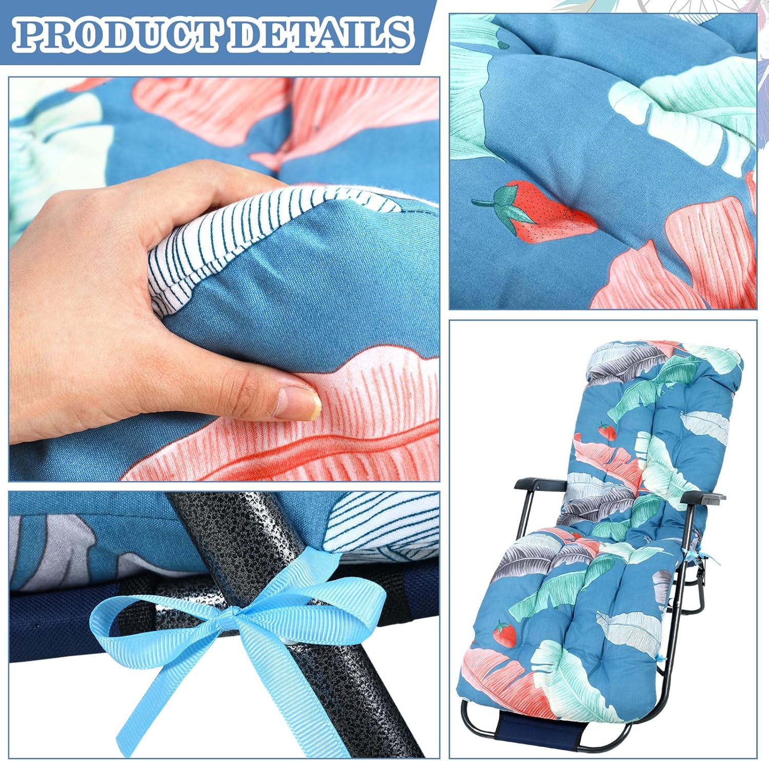 Huwena 2 Pcs Outdoor Lounge Chair Cushions 67 x 21 Inch Patio Lawn Lounger Cushion Floral Printed Thickened Lounge Chaise Pads Replacement with 6 Tie for Outdoor Indoor Furniture(Fresh)