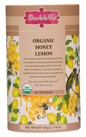 Brew La La Organic Honey Lemon Green Tea - 40 Double Chambered Tea Bag Canister - Low Caffeine - USDA Certified Organic - NonGMO - Gluten Free