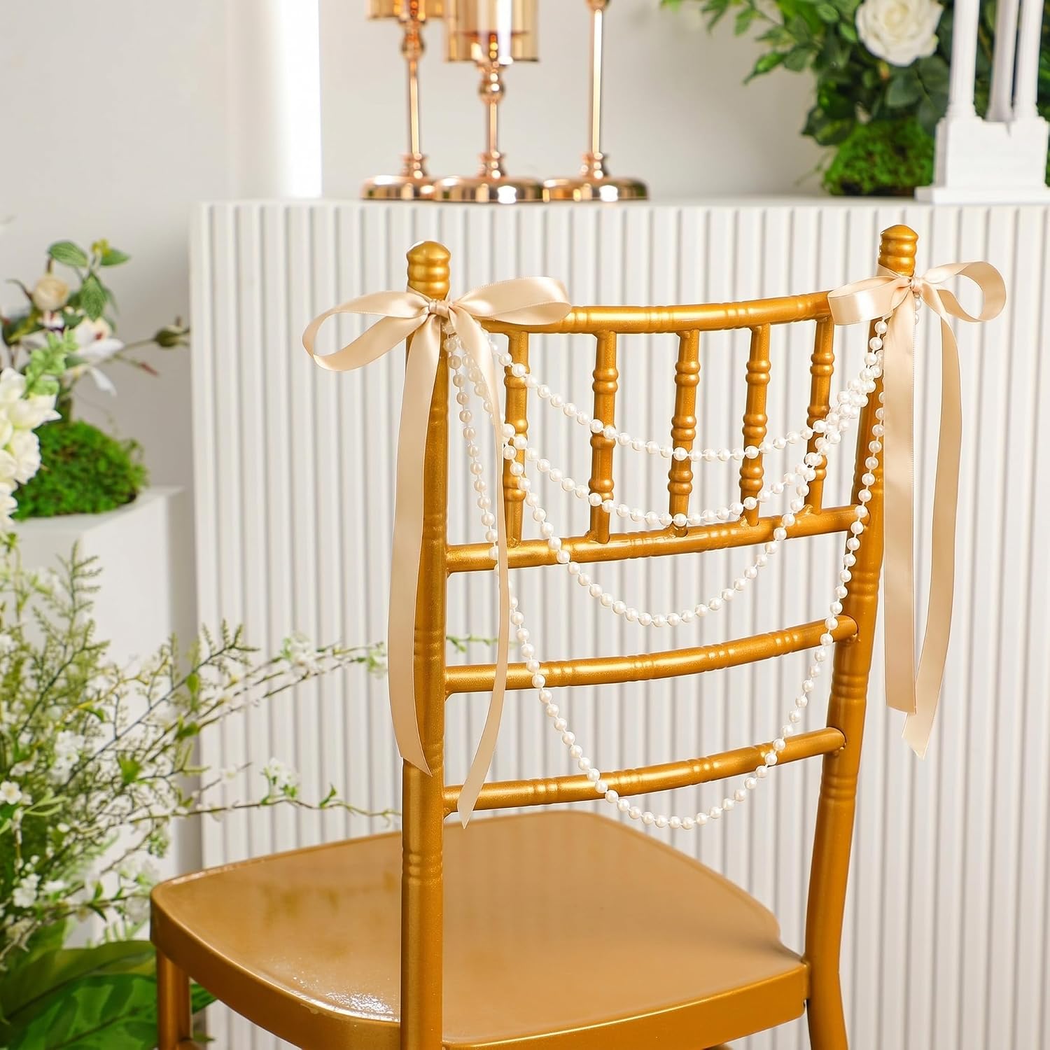 Condition photo showing New/Like New for wonderjune 16 pcs wedding pearl bow chair decor satin ribbon bows with pearl beaded string garland aisle chair sashes decorations for ceremony coquette party banquet decor (champagne gold) champagne gold 16