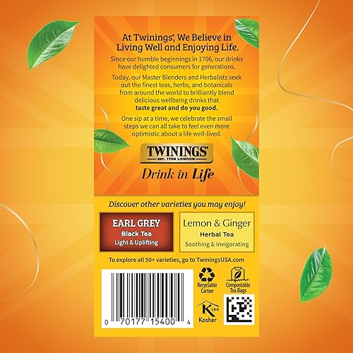 Vista 322 de Twinings, Pure Green Tea - Té verde con sabor suave y aroma atractivo con cafeína, disfruta caliente o helado, bolsas de té individuales