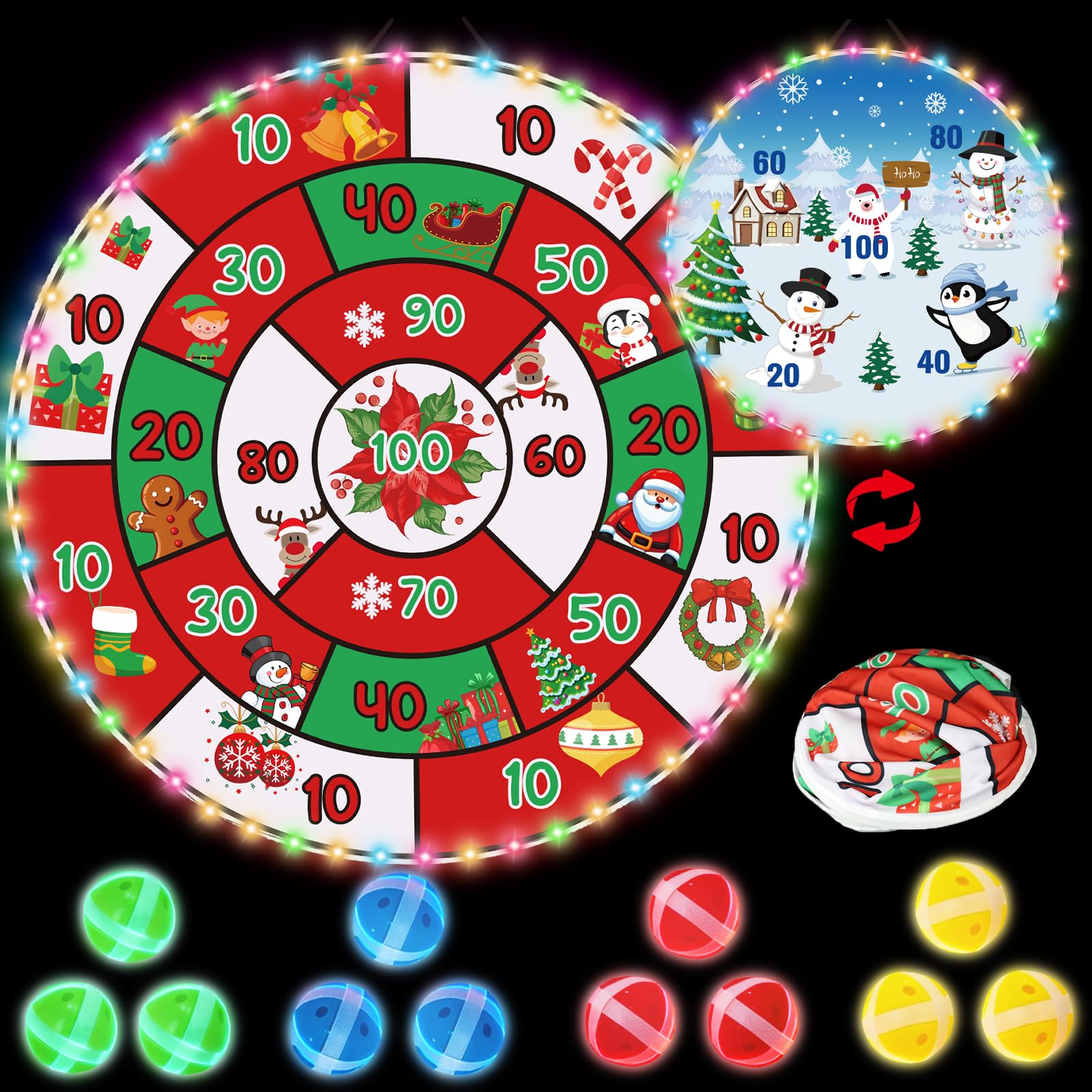 2 in 1 29" Large Christmas Light Up Dart Board with Sticky Balls,Large Santa Claus Winter Dart Board Game,Christmas Stocking Stuffers Party Supplies