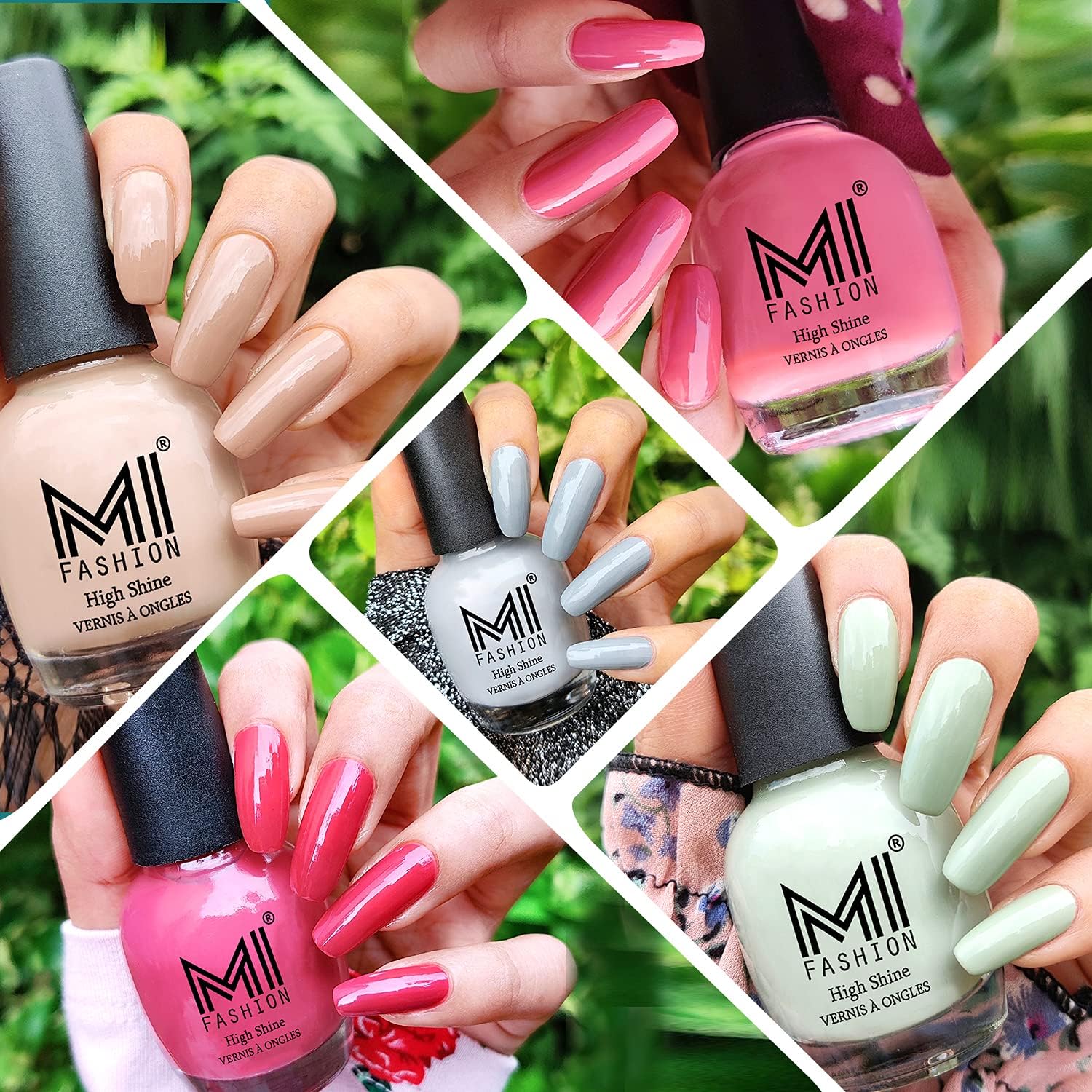 MI FASHION Chip Resistant & High-Shine 12ml TAN, Candy Cotton, Mischievous Mint, Grey, Skin Nude Nail Polish For Women (Pack of-5)