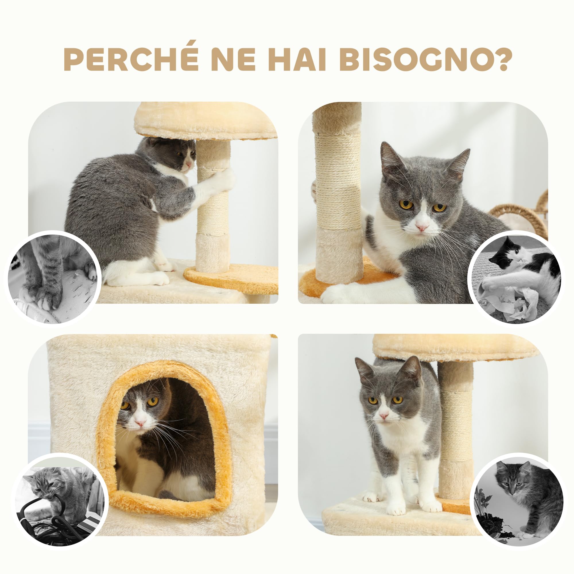 Albero Tiragraffi PawHut Con Casetta E Lettino | Torre Per Gatti In Truciolato E Sisal, 55x40x107 Cm, Grigio E Bianco, Con 2 Palline Gioco