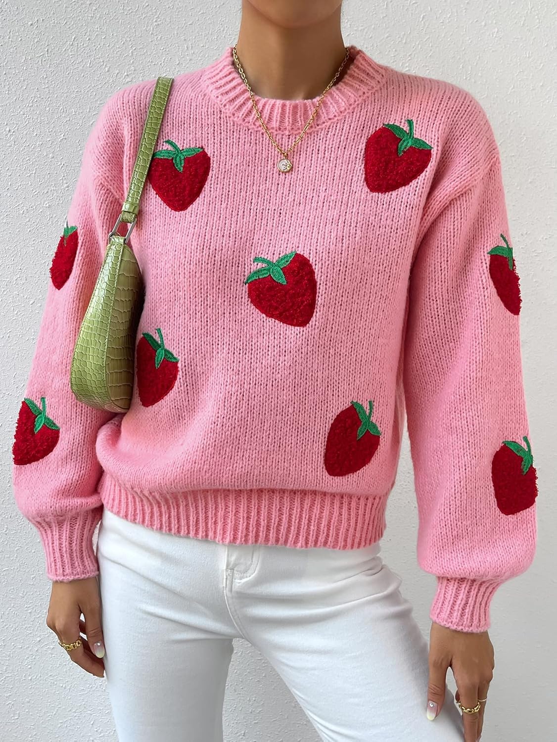 Women's Sweater Strawberry Embroidery Drop Shoulder Sweater Sweater for Women (Color : Pink, Size : Medium)