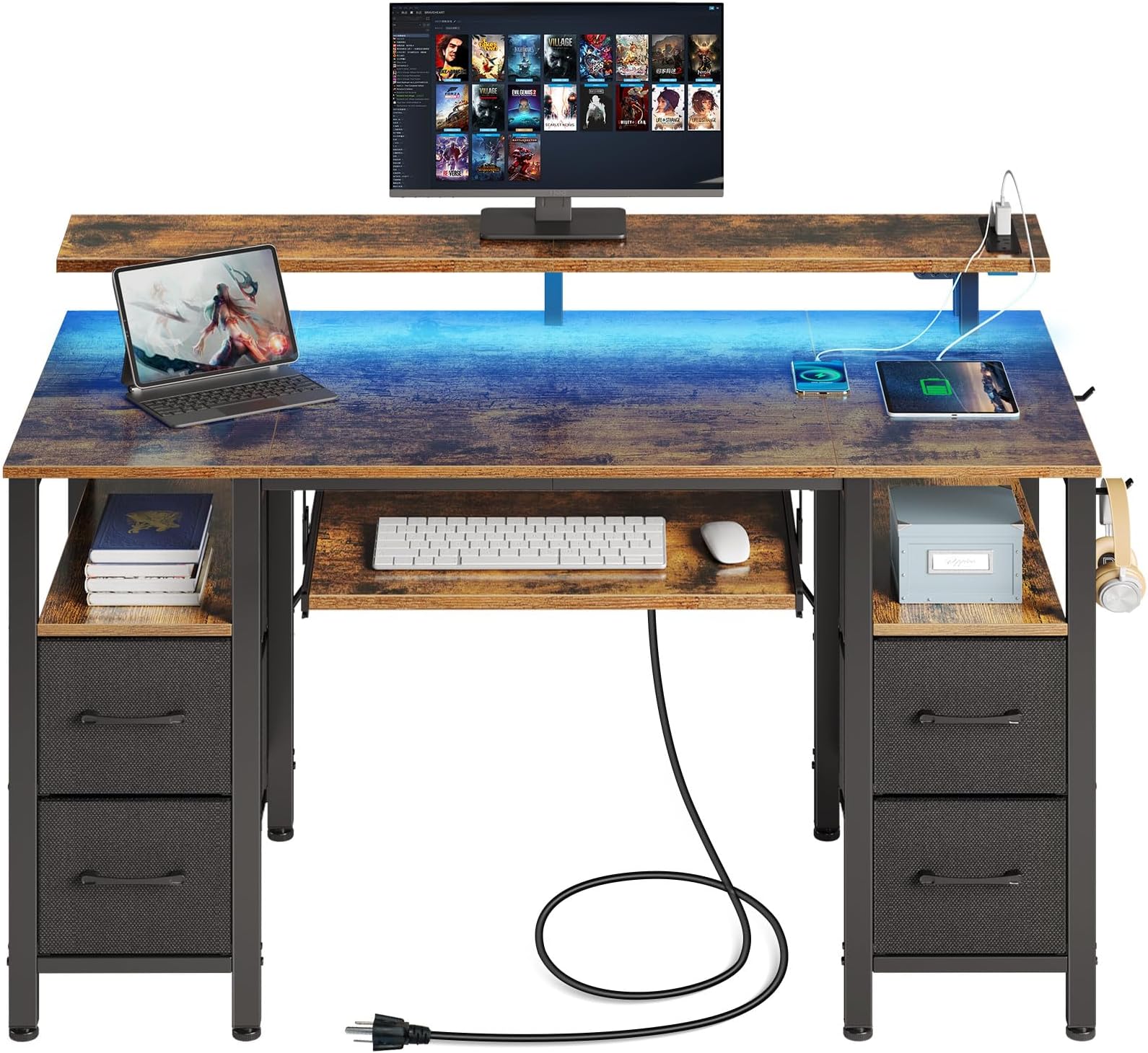 Seventable Computer Desk 47.2" with LED Lights & Power Outlets, Home Office Desk with 4 Drawers, Writing Desk with Keyboard Tray, Study Desk with Monitor Stand, Work Desk for Home Office, Rustic Brown