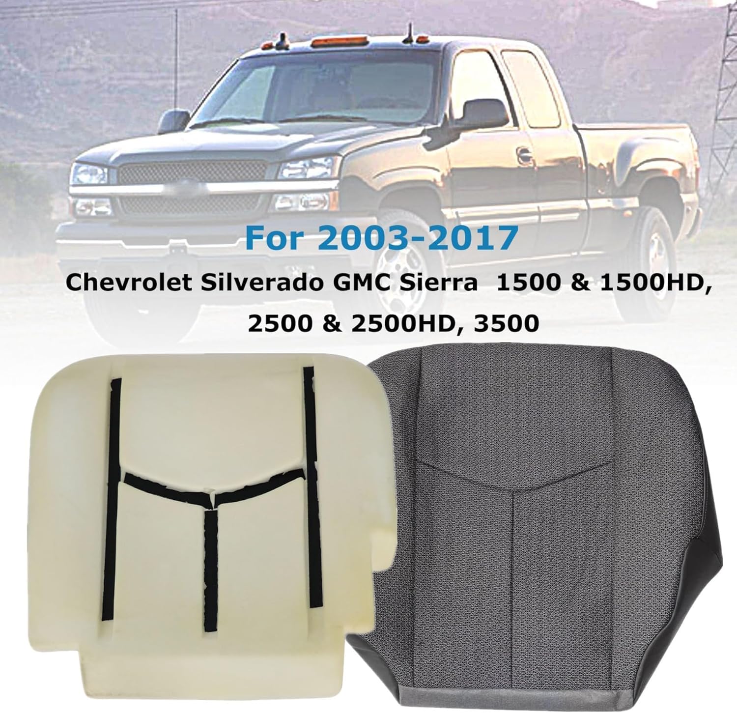GXARTS Dark Gray 69C Driver Side Bottom Cloth Seat Cover & Seat Foam Cushion Replacement Compatible with Chevy Silverado GMC Sierra 1500 HD 2500 HD 3500 2003 2004 2005 2006 2007