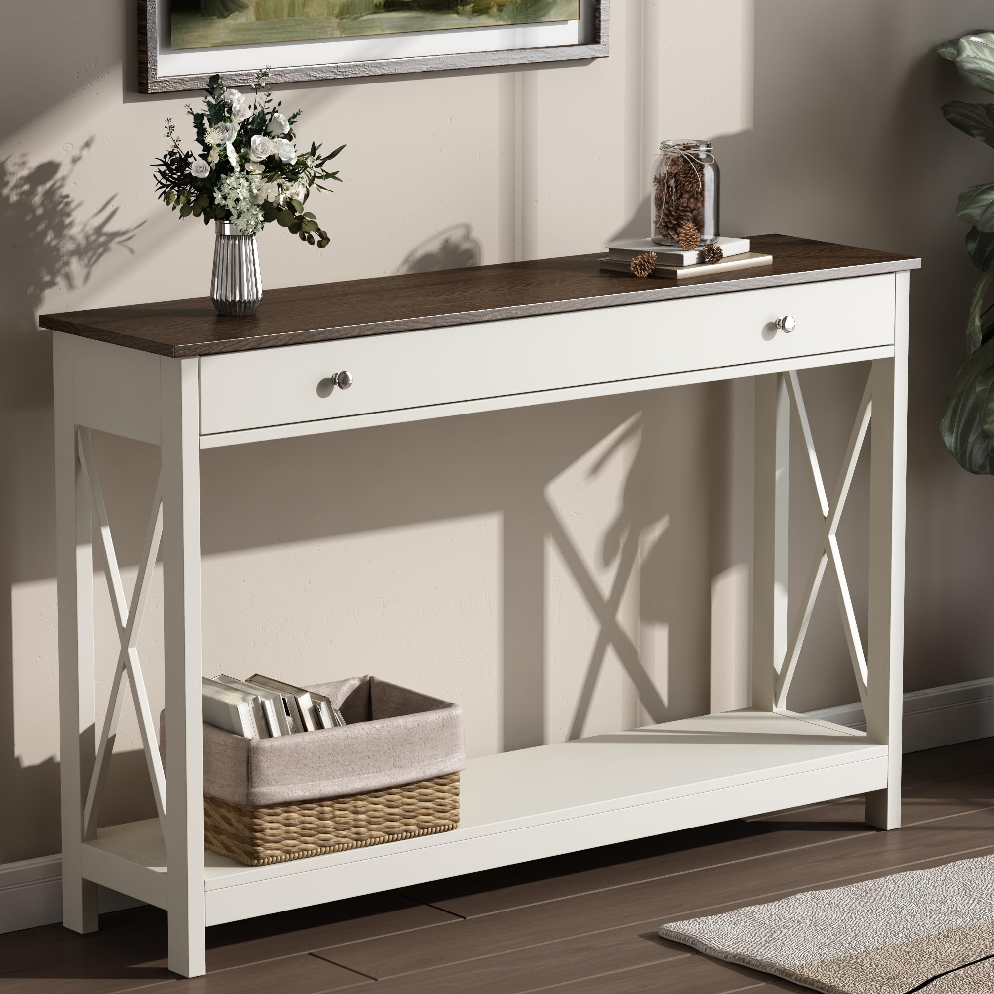 Treocho 47" Farmhouse Console Table with Drawer and Storage Shelves, Foyer Sofa Table Narrow for Entryway, Living Room, Hallway, Soft White