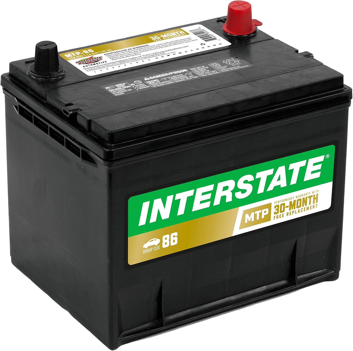 Interstate Batteries MTP-86 Group 86 car battery, front view.