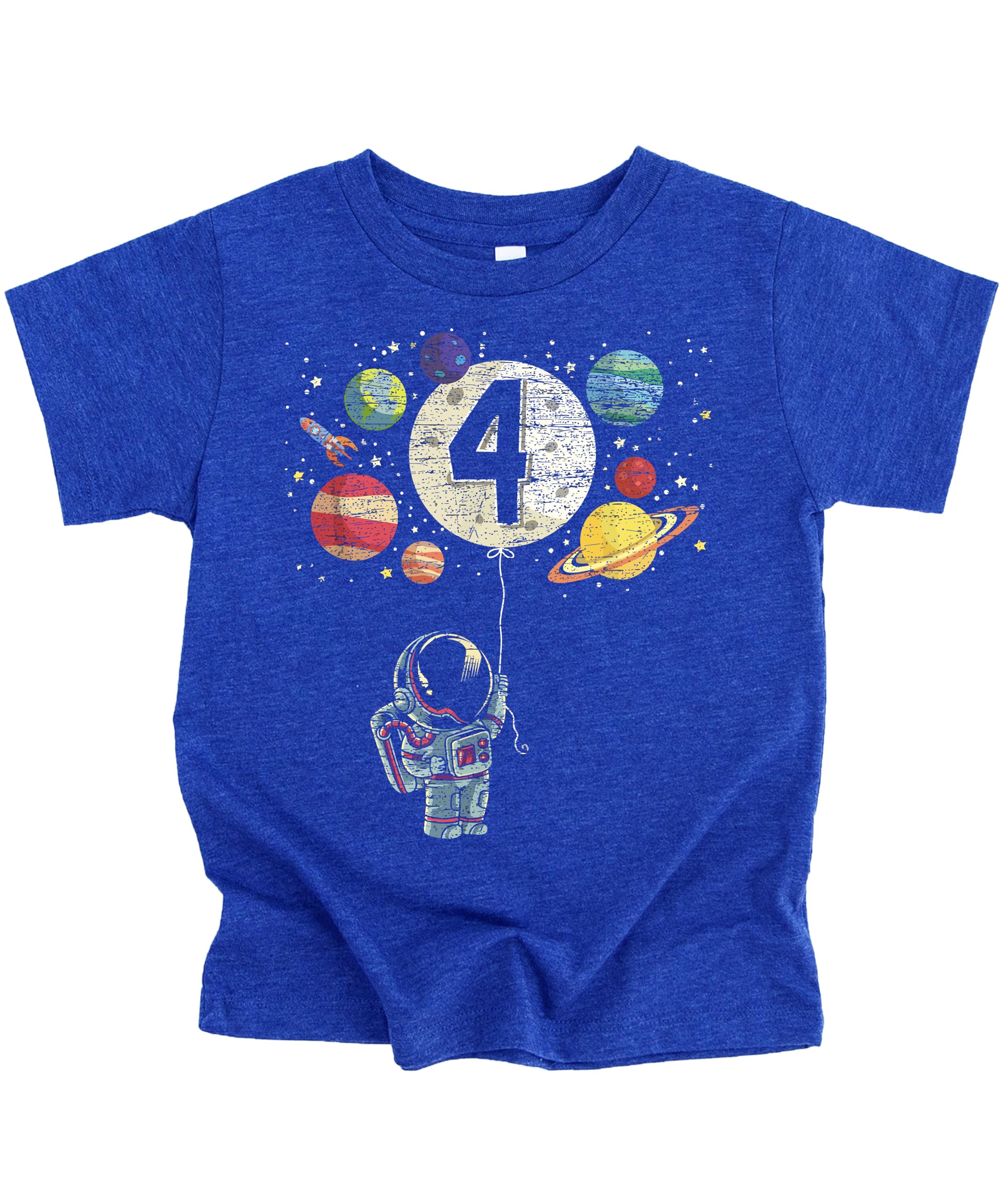 Olive Loves Apple 4th Birthday Rocket Astronaut Themed T-Shirts with Moon Balloon and Planets Vintage Royal Shirt 4T