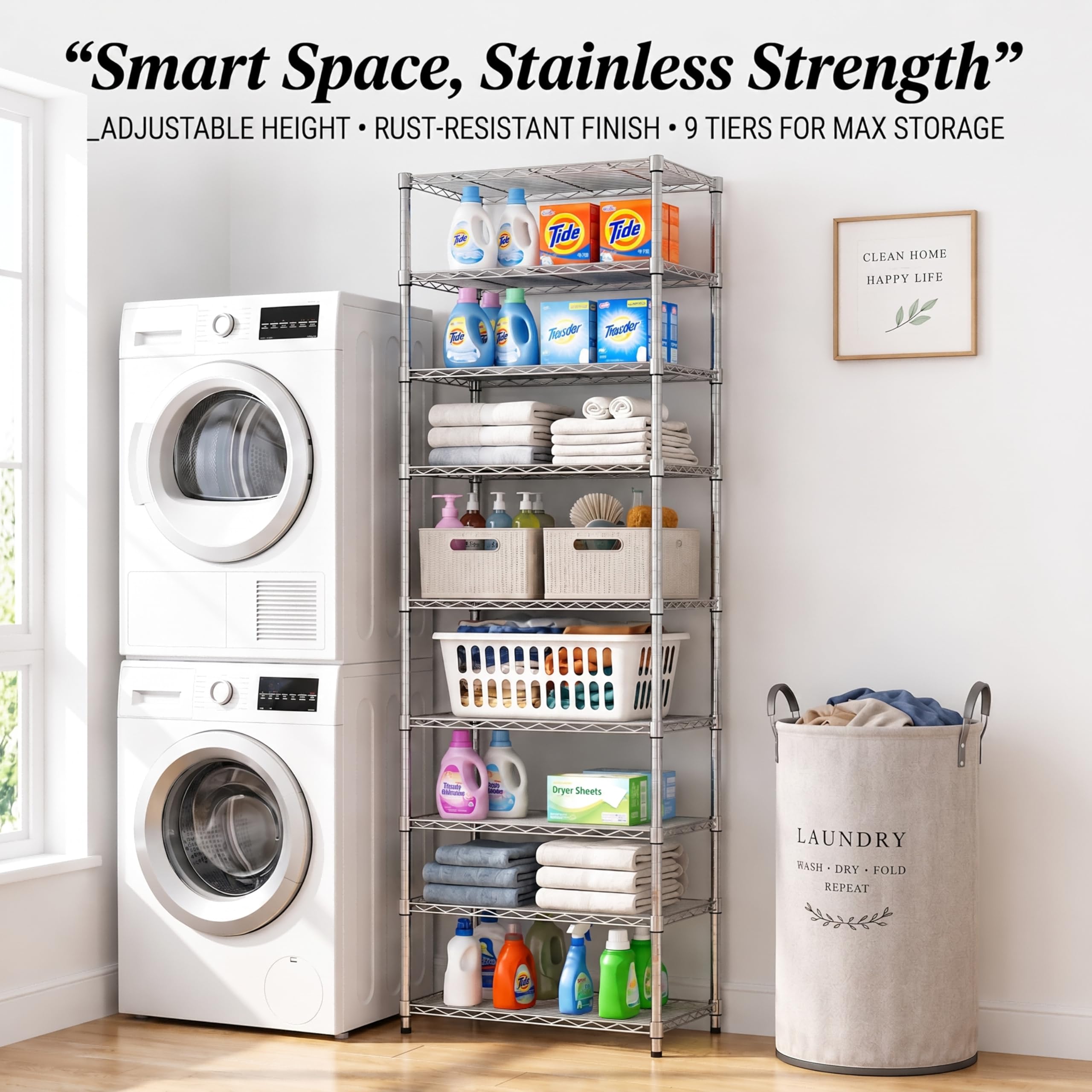 Finnhomy 9-stöckiges Drahtregal, verstellbares Stahldraht-Regal, 200 cm Höhe, 9 Ablagen, Metall-Lagerregal, Speisekammerregale zur Aufbewahrung mit PE-Matte, NSF-Zertifiziert, Chrom
