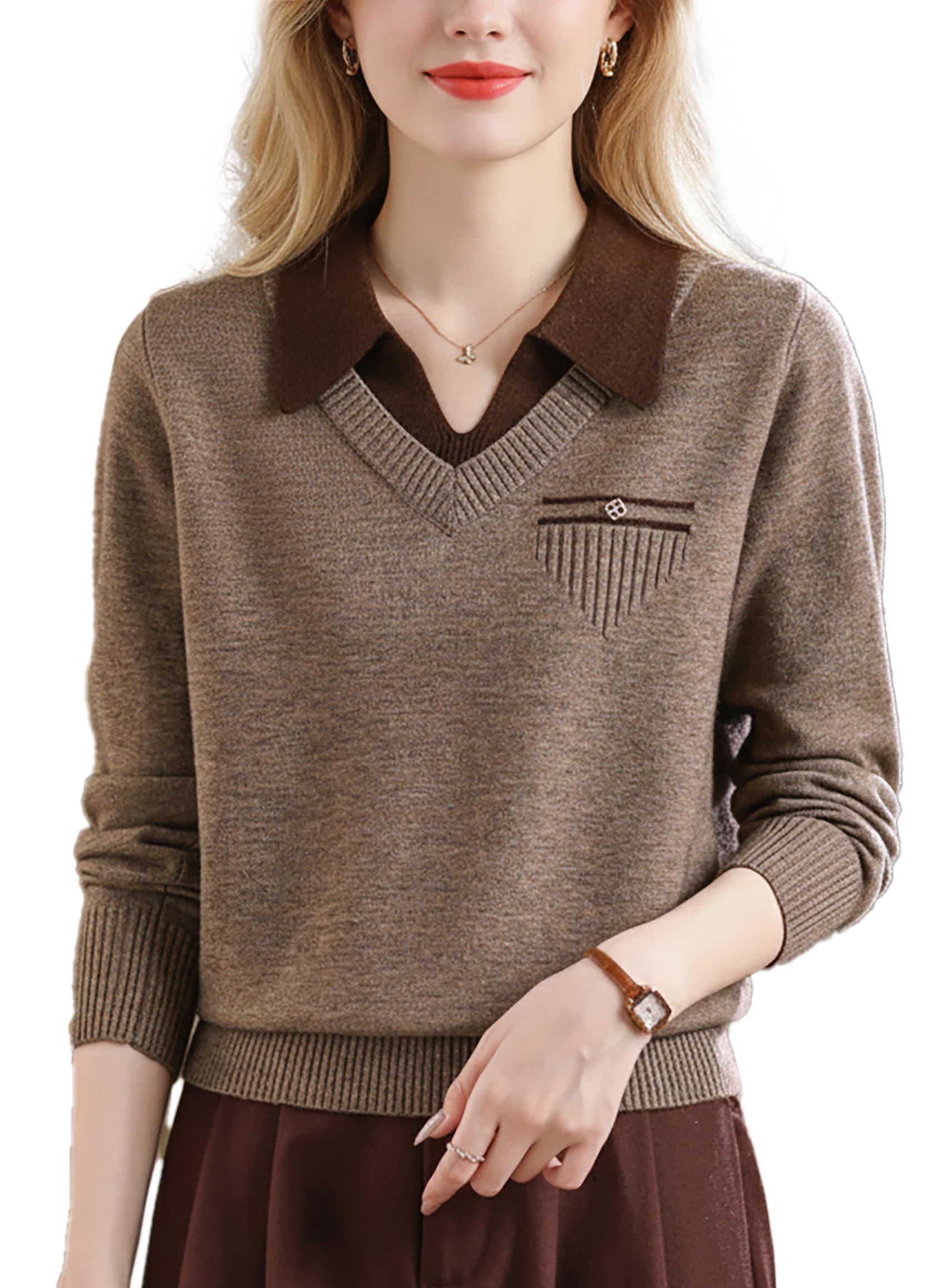 Women Long Sleeve Polo Sweater V Neck 2 in 1 Knitted Casual Ribbed Pullover Top