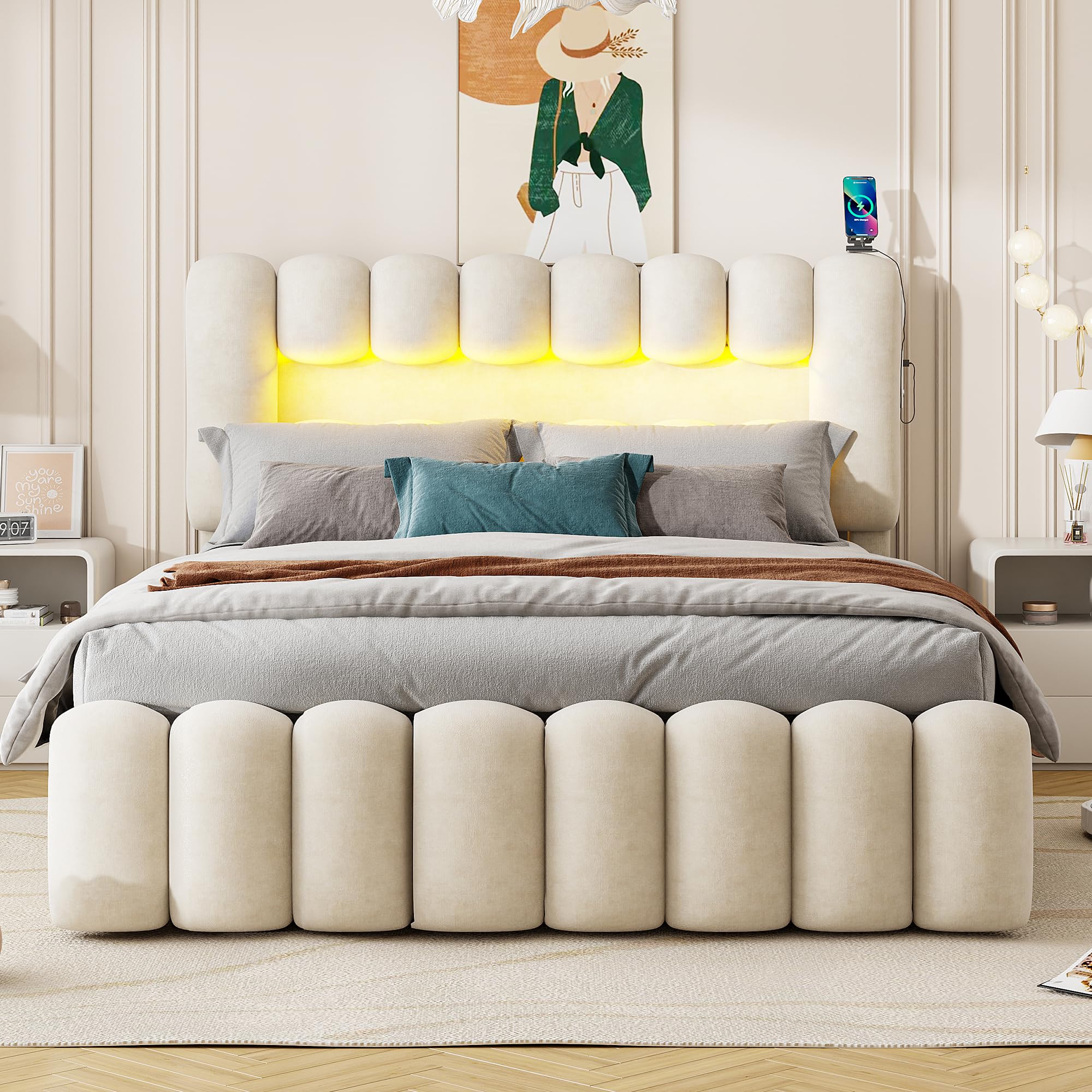 Lit double rembourré avec 4 tiroirs - Avec chaîne stéréo USB LED