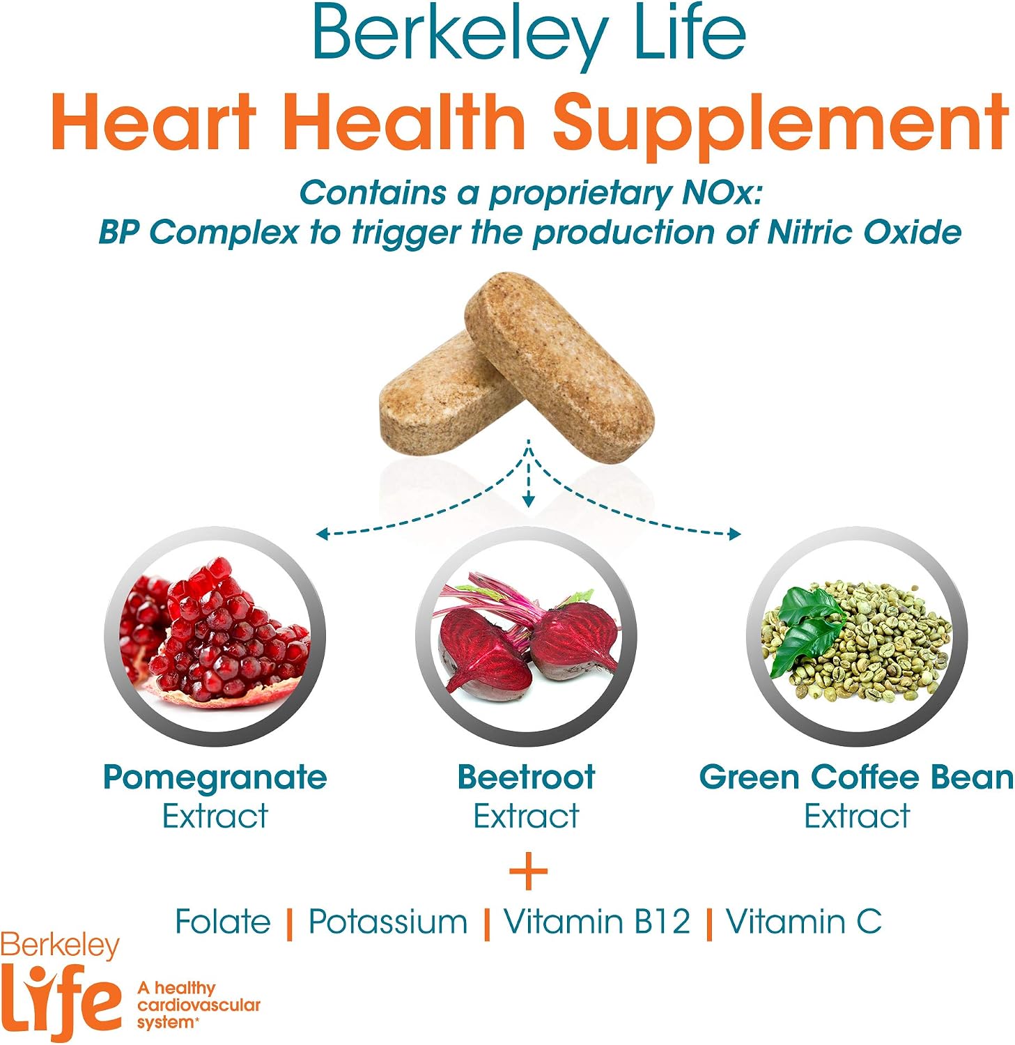 Berkeley Life Nitric Oxide Boost #1 Blood Pressure Support Supplement Pomegranate Extract & Beet Root Capsules for High Blood Pressure Support Healthy Blood Flow Heart Health Supplement - 60 Ct