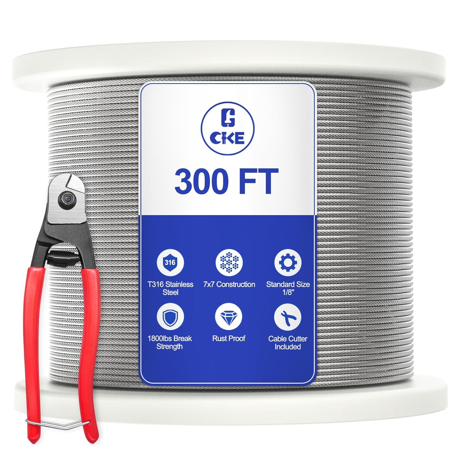 CKE 300FT 1/8" Stainless Steel Cable Railing System Hardware, T316 Stainless Steel Wire Rope Cable for Deck Cable Railing Kits, 7x7 Strands Construction Aircraft Cable Wire Rope, DIY Balustrades CW600