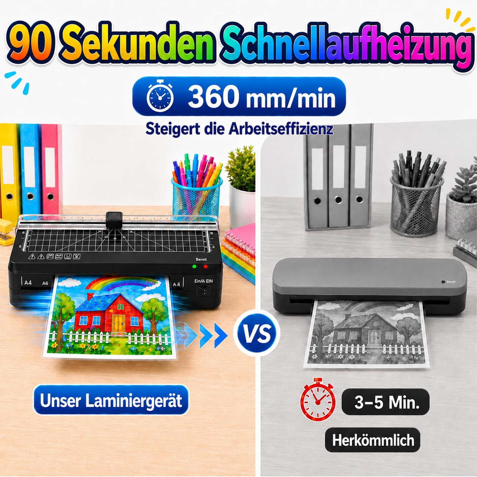 Laminator, Laminator A4 Szybkie nagrzewanie 70 s | Kontrola temperatury NTC, zintegrowany nóż, funkcja ABS zapobiegający zakleszczeniu, przenośny do szkoły, biura i domu
