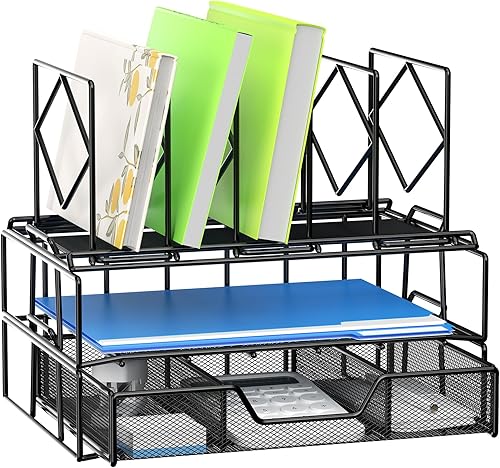 Organizador de archivos de escritorio de 2 bandejas con soporte vertical de 5 secciones con cajón, bandeja de papel de metal, organizador de