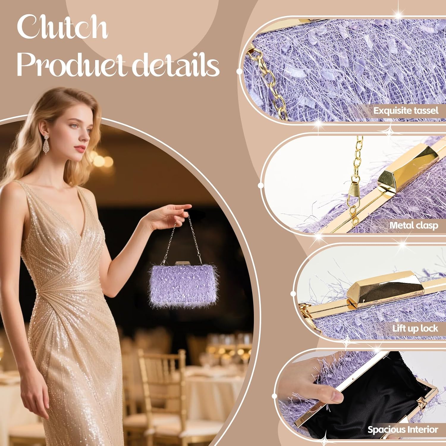 Women Ostrich Feather Tote Bag Fluffy Purse Clutch Feather Shoulder Crossbody Bag Evening Handbag for Wedding Party - Image 5