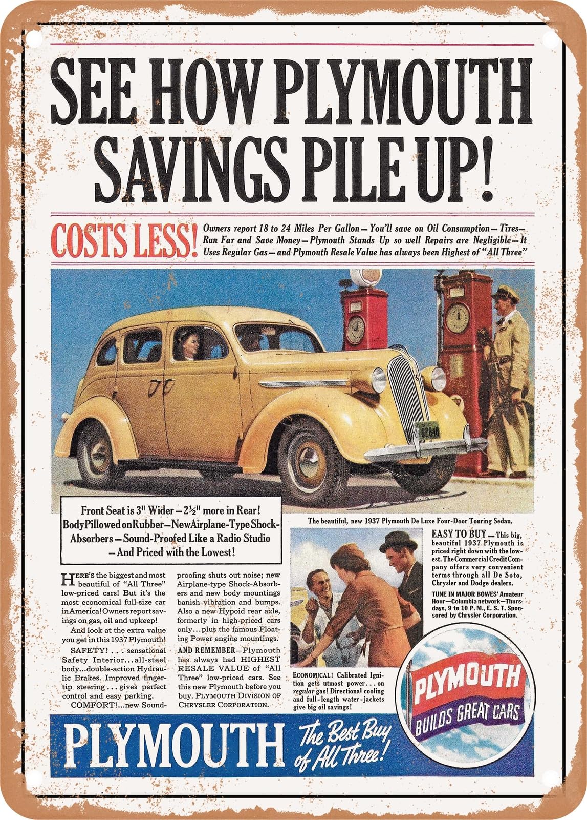 METAL SIGN - 1937 Plymouth Deluxe See How Plymouth Savings Pile Up Vintage Ad home decor