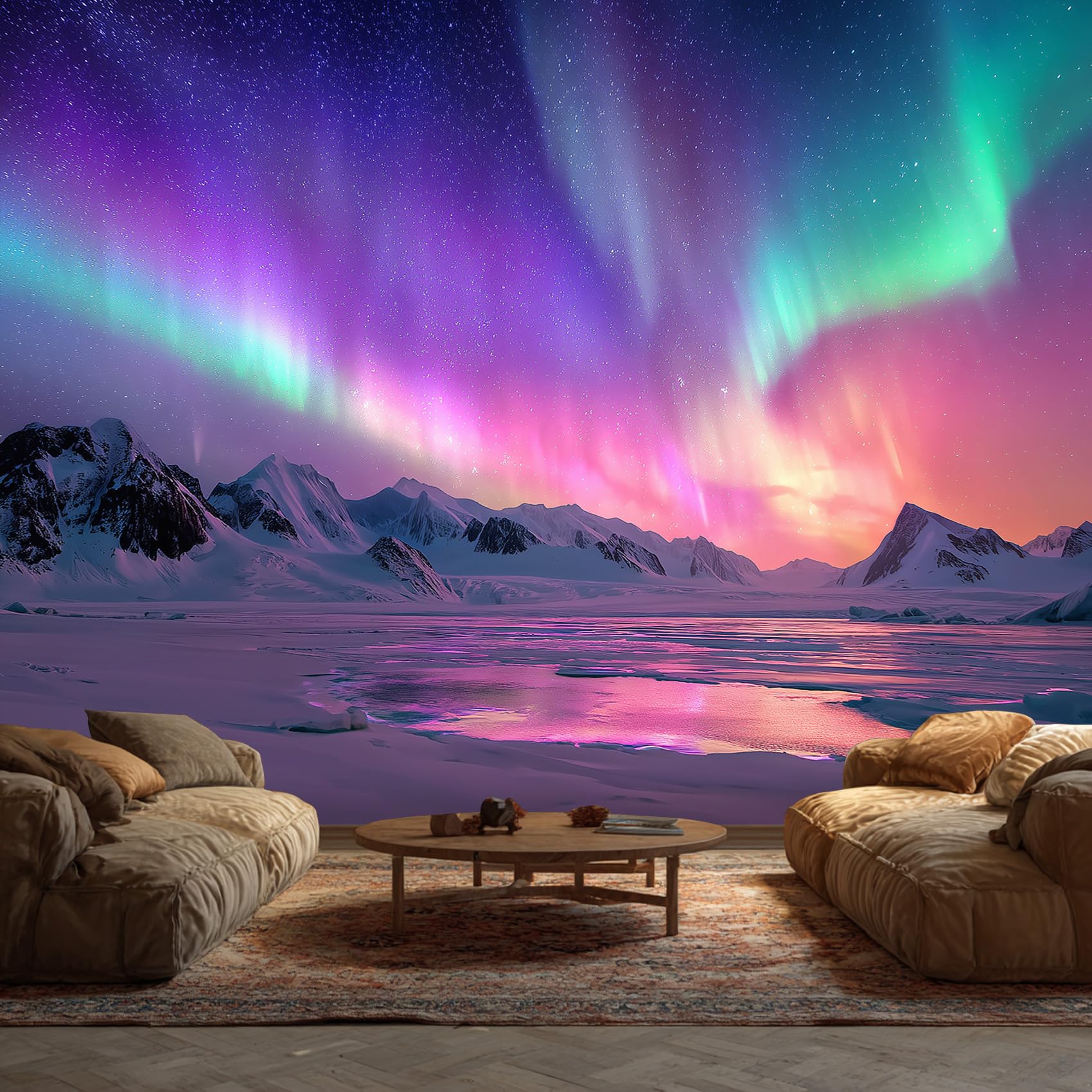Aurora Borealis Wallpaper - Snow Mountain Northern Lights Wall Mural - Wall Murals for Living Room Bedroom - Photo Wallpaper & Home Decor Art - 274 x 254 cm A-7698