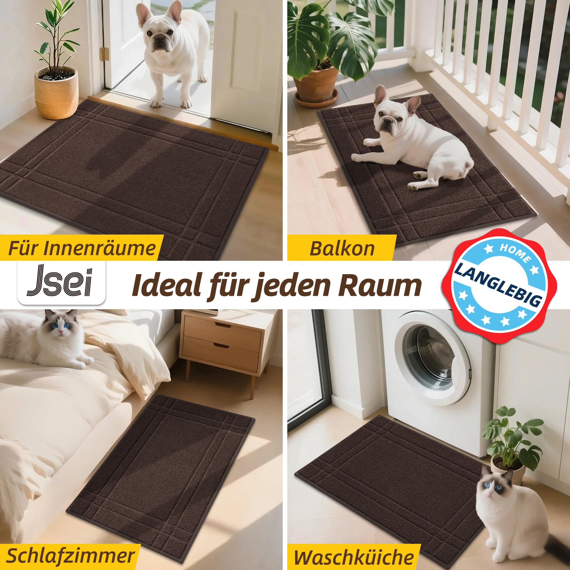 JSEI Schmutzfangmatte Innen – Geruchsfrei & Für Fußbodenheizung Geeignet | Fussmatte für Hund, rutschfest & Waschbar, 50 x 80 cm, Braun