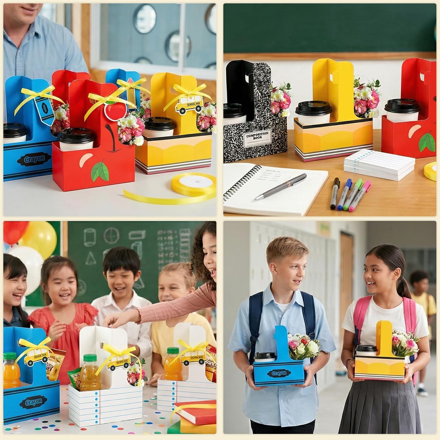 12 Set Back to School 2 Cup Drink Carriers with Handle Greeting Card Ribbon Teacher Appreciation Gifts Portable Cardboard Cup Holders for Classroom DIY Party Favors Supplies