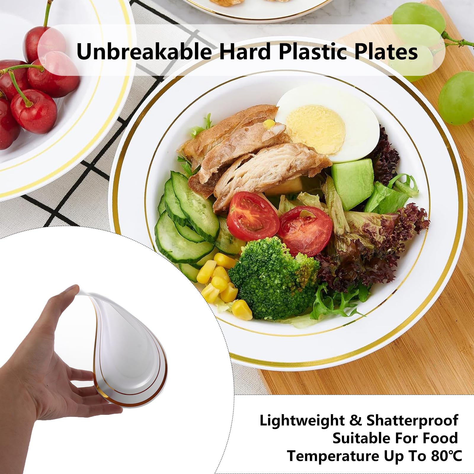 SENENQU Lot de 75 assiettes en plastique réutilisables de 19 cm avec bord doré - Assiettes incassables pour mariage, fête d'anniversaire, restauration