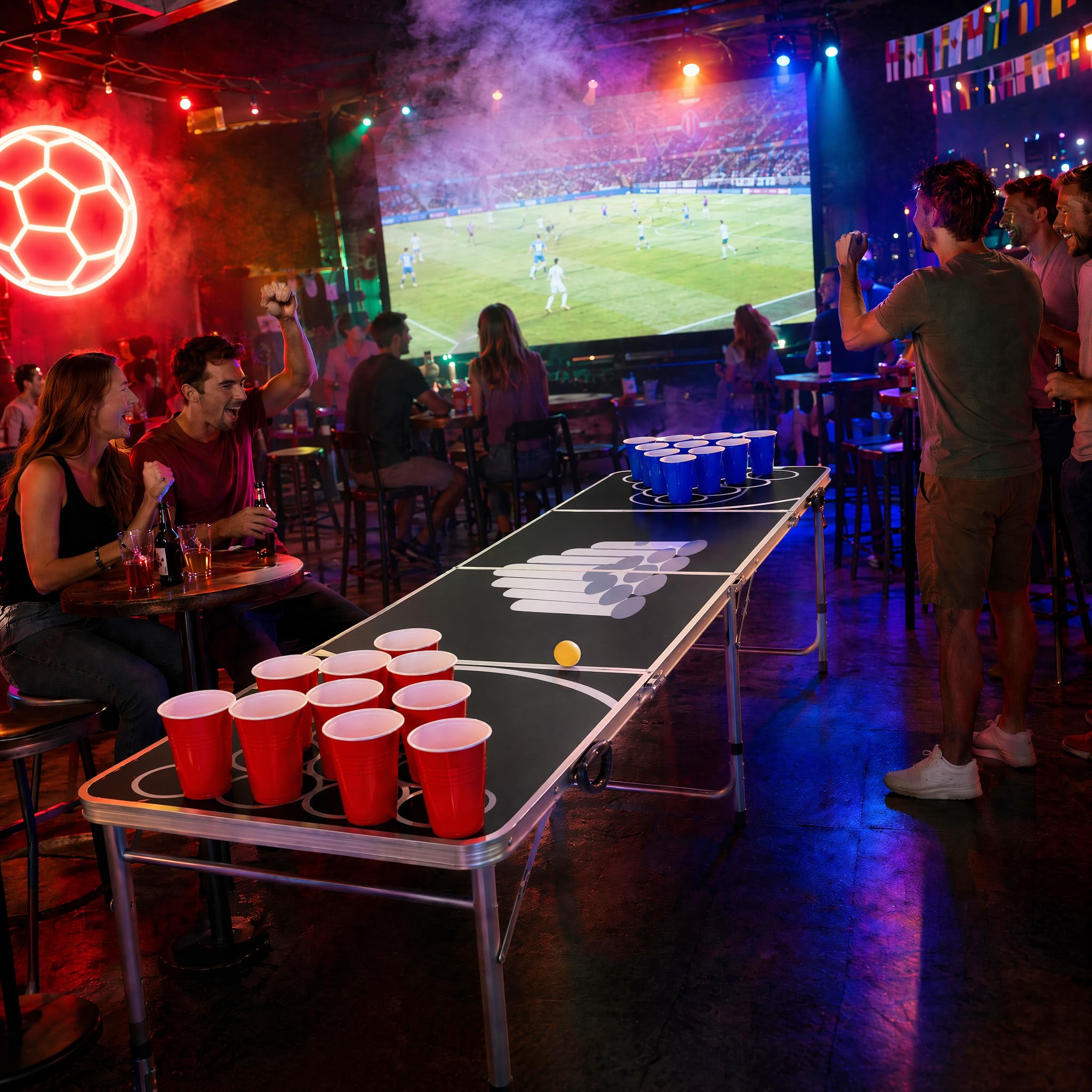 ACXIN Zestaw stołów piwnych dla dorosłych, w zestawie: 5 piłek i 100 kubków, uchwyt na kubek, regulacja wysokości/składany – stoły beer pong, pong, piwo pong, stół imprezowy, gry do picia, czarny