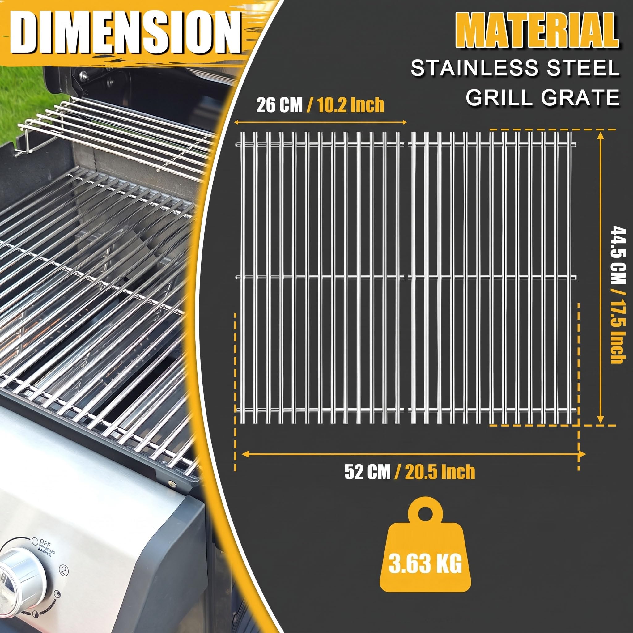 GFTIME 7637 Griglia in acciaio inox 44,5x26cm per Weber Spirit ⅠⅡ 200 Serie, Griglie per Spirit E210/220 S210/220 Gas Grills (con pulsanti di comando anteriori), Ricambio per Jamie Oliver Gasgrill