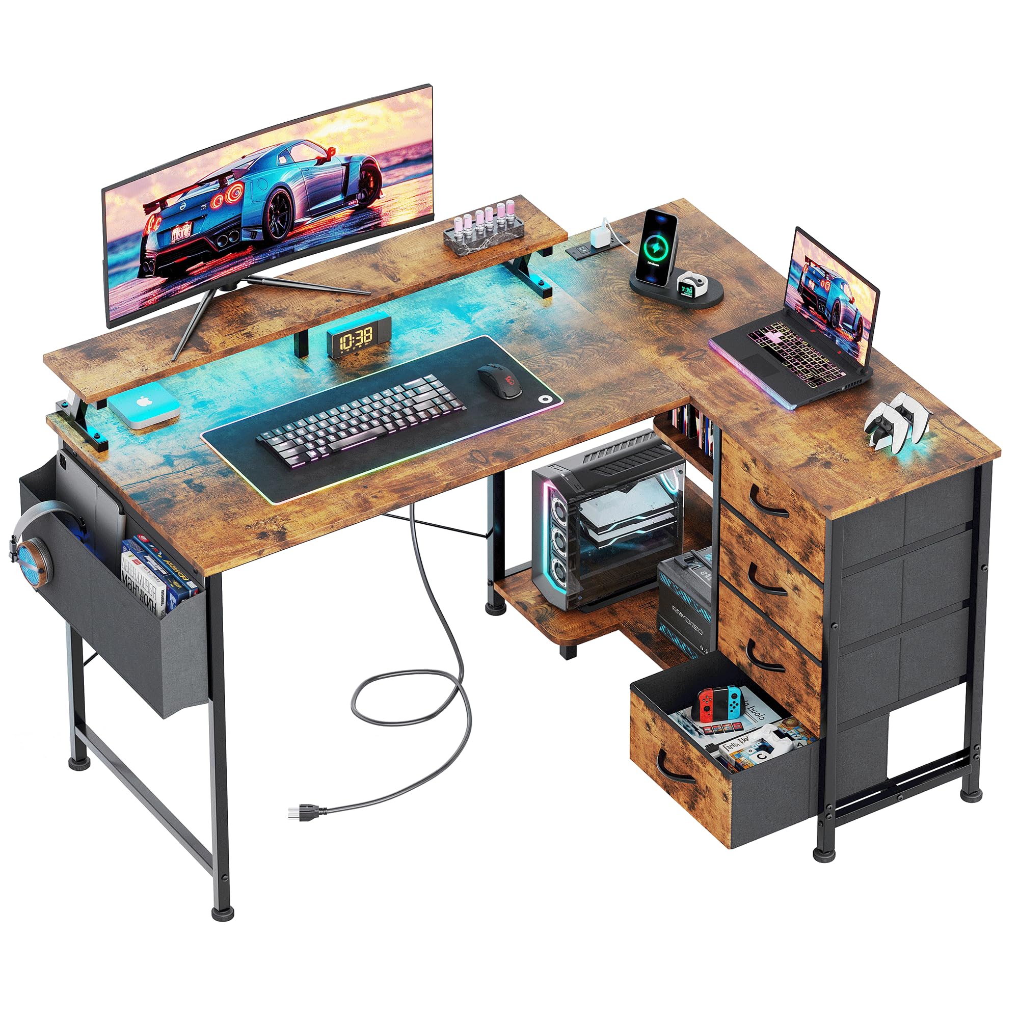 VERMESS Corner Desk with 4 Drawers, L Shaped Computer Desk with LED Lights & Power Outlets, 120x90cm Reversible Home Office Workstation with Monitor Stand, Writing Desk with PC Stand, Vintage