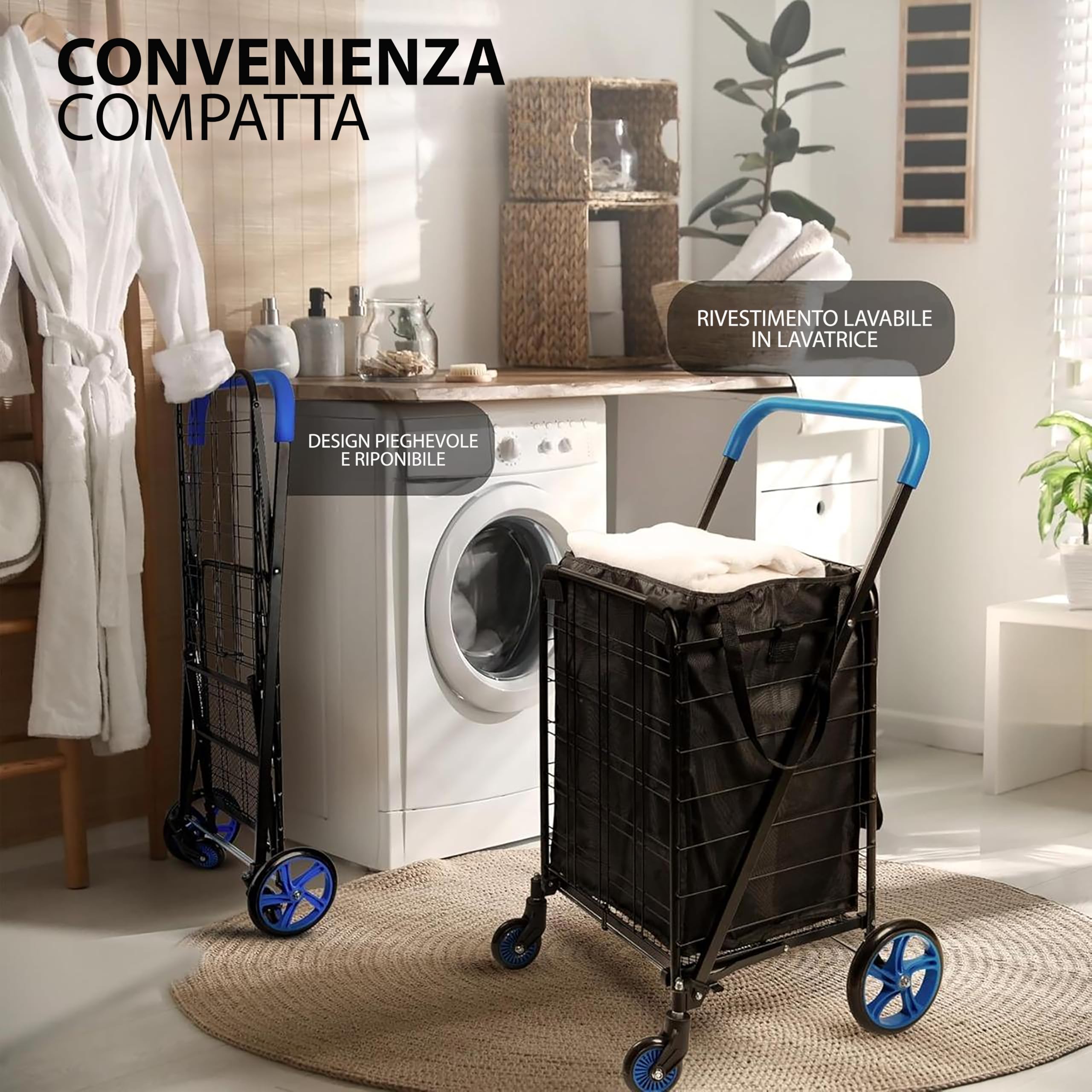 SereneLife Carrello Spesa Grande 50 kg, 48,2x57,6x104,2 cm, Carrellino con Ruote Portatutto 360°, Pieghevole con Sacca Rimovibile, Blu