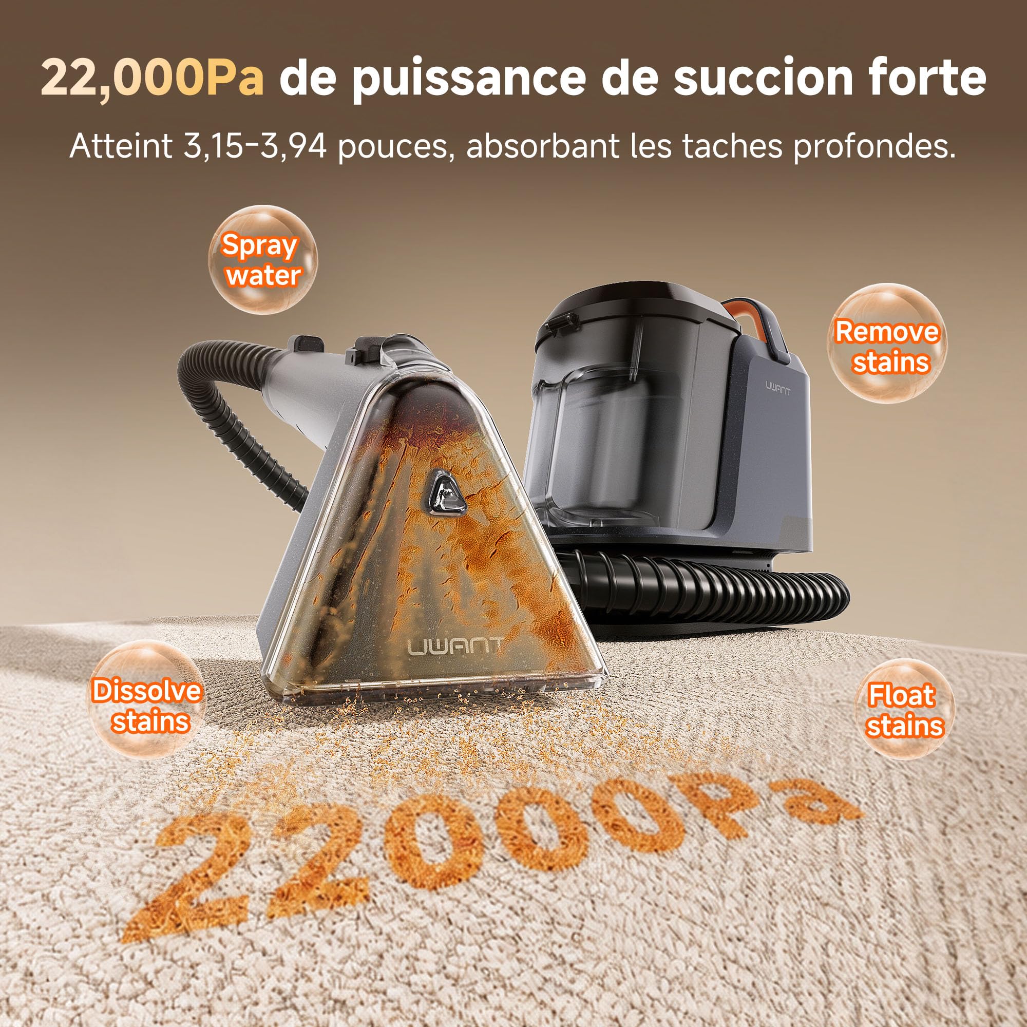 Uwant Máquina Limpiadora de Alfombras 22Kpa Aspiradora Portátil para Mascotas, Limpiador de Tapicerías con Solución Oxy Set de 1 para Manchas, Autos, Alfombras, Muebles