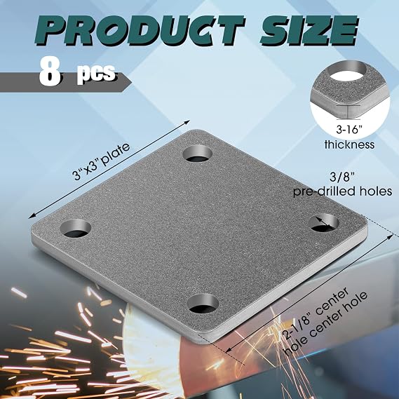 8 Pcs 3 x 3 Inch A36 Steel Plate with 4 Holes, Laser Cut Hot Rolled Steel Plate, 3/16 '' Thick Weldable Metal Sheet for Structure Support and Industrial Use (3 x 3 Inch)