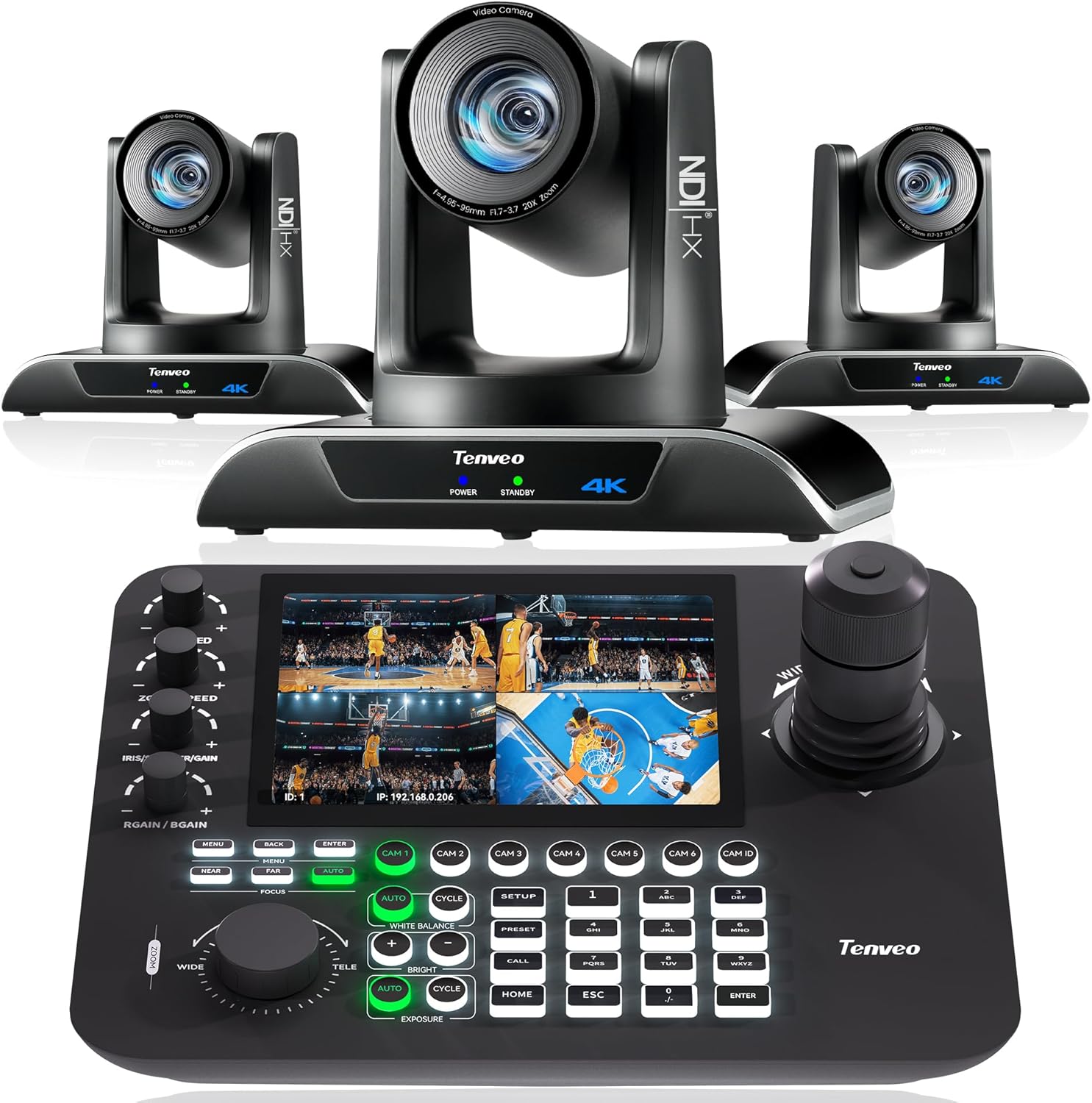 Tenveo 4K PTZ Camera Bundle/Kits - 20X 4K AI Humanoid & Face Auto-Tracking NDI PTZ Camera(3pcs) with HDMI/USB3.0/LAN(PoE) and 7’’ LCD Quad-Screen NDI PTZ Joystick Controller for Large Events Live