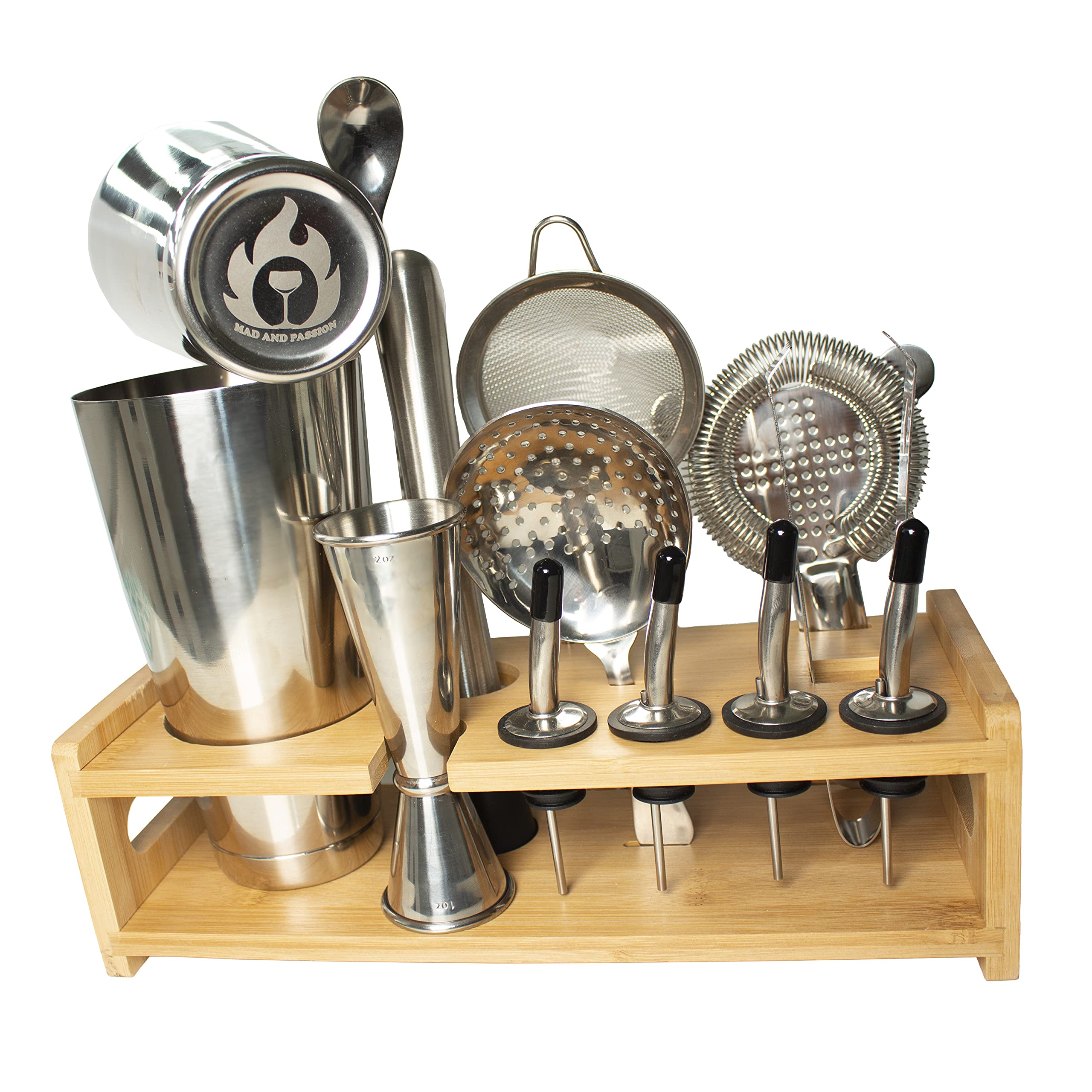 Boston Cocktail Shaker Set with Bamboo Stand - Mixology Bartender Kit 14 Pieces - Professional Bartending Equipment for Home Bar with Accessories - Bar Essentials for Mixing Drinks