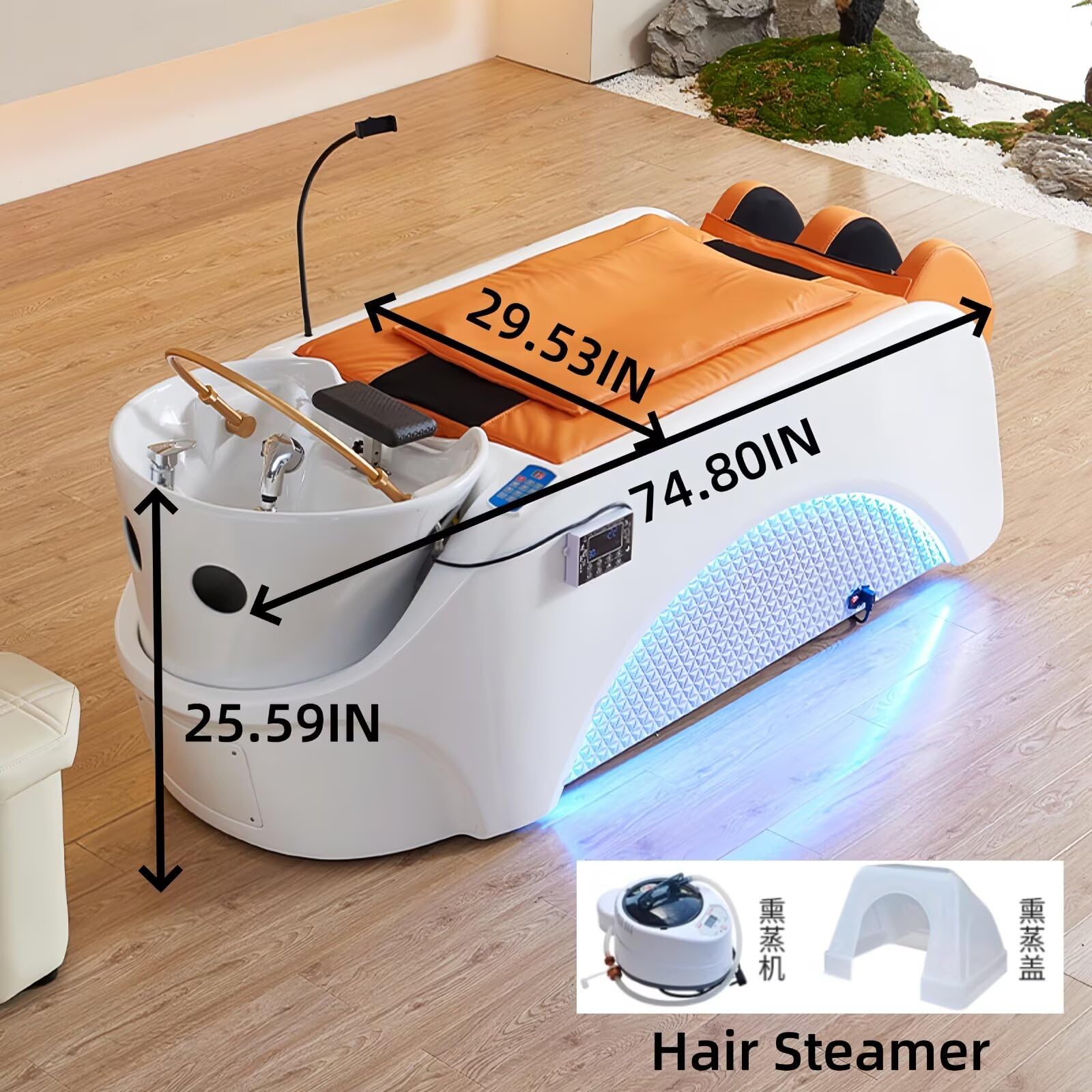 Lettino per shampoo da spa con lettino per massaggi con texture a fiocco di neve, include vaporizzatore per capelli e sistema di circolazione dell'acqua per spa per la testa e massaggio del