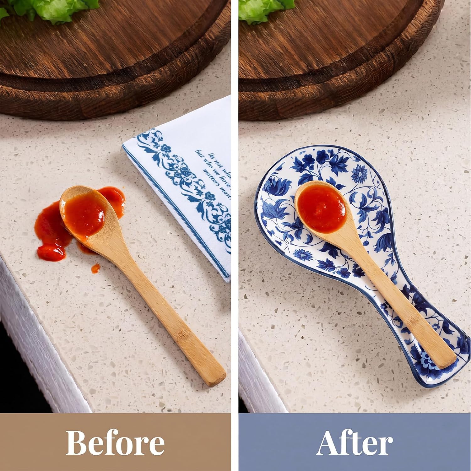 Ceramic Blue and White Talavera Spoon Rest Soup Spoons Rest Kit Includes Bamboo Spoon Tea Towel Gift Card and Blue Ribbon Ceramic Holders for Kitchen Counter Home Decoration Gifts