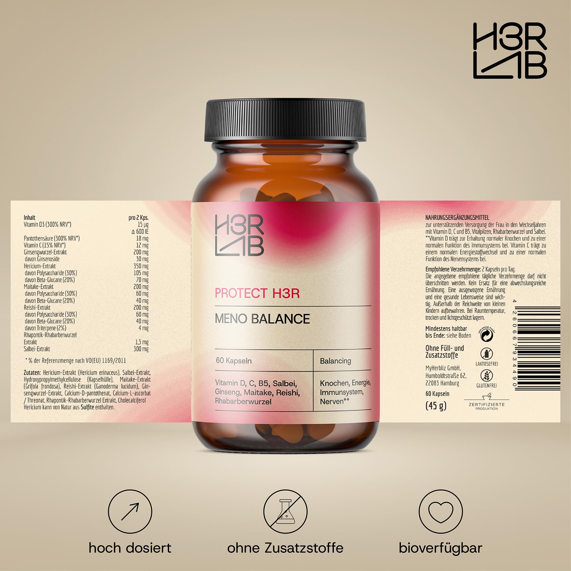 Meno Balance – Nahrungsergänzungsmittel mit Salbei, Rhapontik-Rhabarber, Ginseng & Vitalpilzen | Mit Vitamin D3, C & B5 für Knochen, Energie & Immunsystem (60 Kapseln)