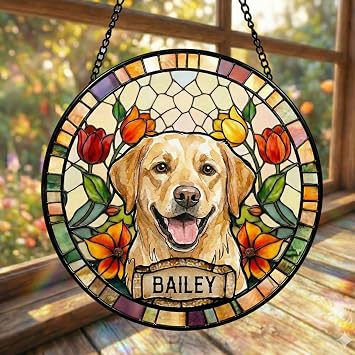 Dog Remembrance Gift Dog Memorial Gifts for Loss of Dog Stained Glass Suncatchers for Windows Hanging Pet Sympathy Gift Sun Catcher Cat Funerary Memorial Gifts Circle-Pet portrain suncatcher