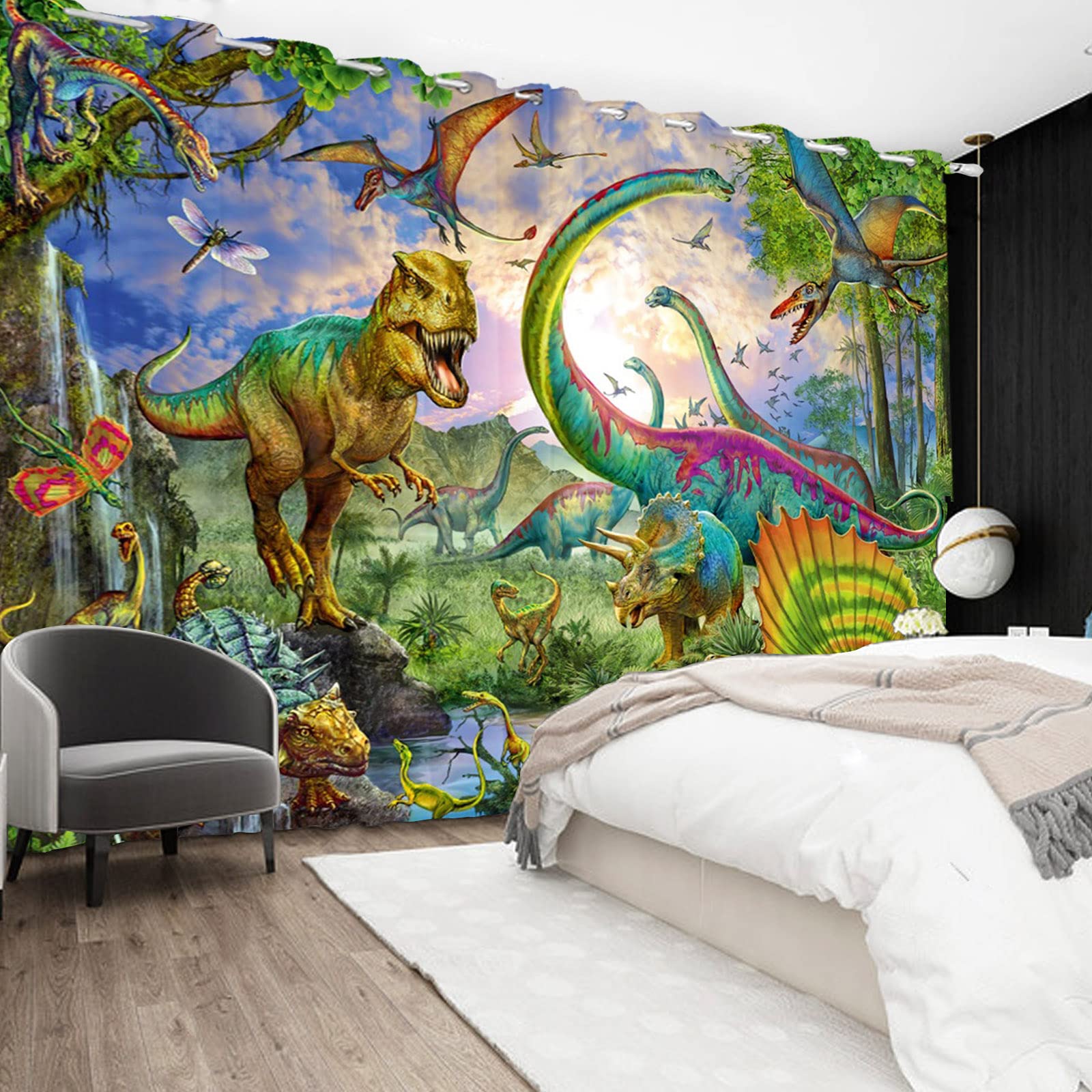 SDOTPMT 117x183cm Dinosaur Window Curtains Ancient Wild Animal Grass Forest Window Drapes Wildlife Natural Scenery Window Treatment for Child Living Room Bedroom Decor Blackout Curtains - Image 4