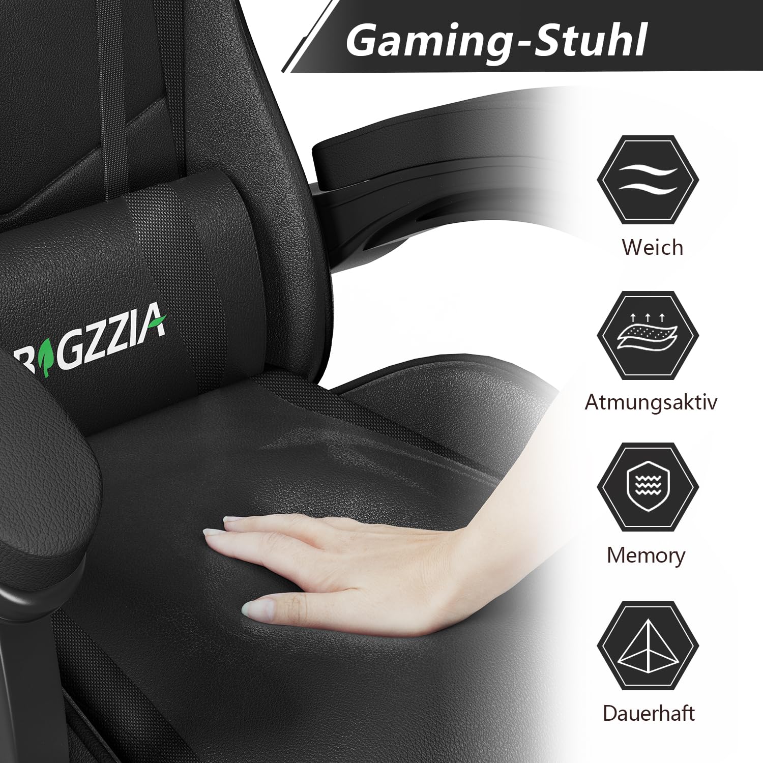 Racingreat Zockersessel mit Kopfstütze und Lendenwirbelstütze (Schwarz) | Ergonomischer Gaming Chair, PU-Leder, 90°–135° Neigungswinkel und Höhenverstellbar, Kinder Junge Erwachsene Büro Familien