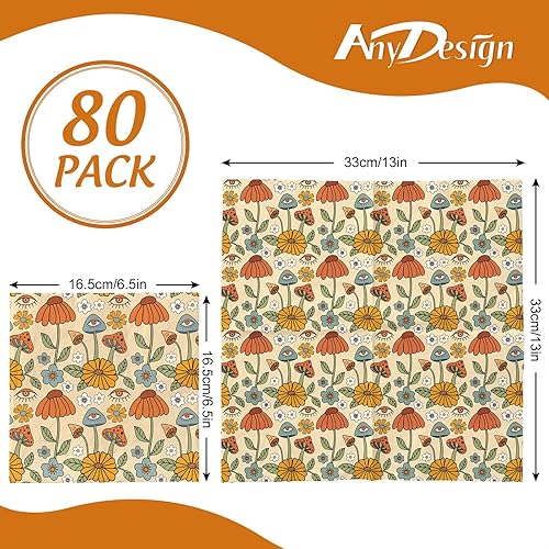 Miniatura 2 de AnyDesign 80 servilletas de papel florales bohemias, desechables, hongos, flores, ojos, almuerzo, retro, hippie, postre, cena, servilletas de mano