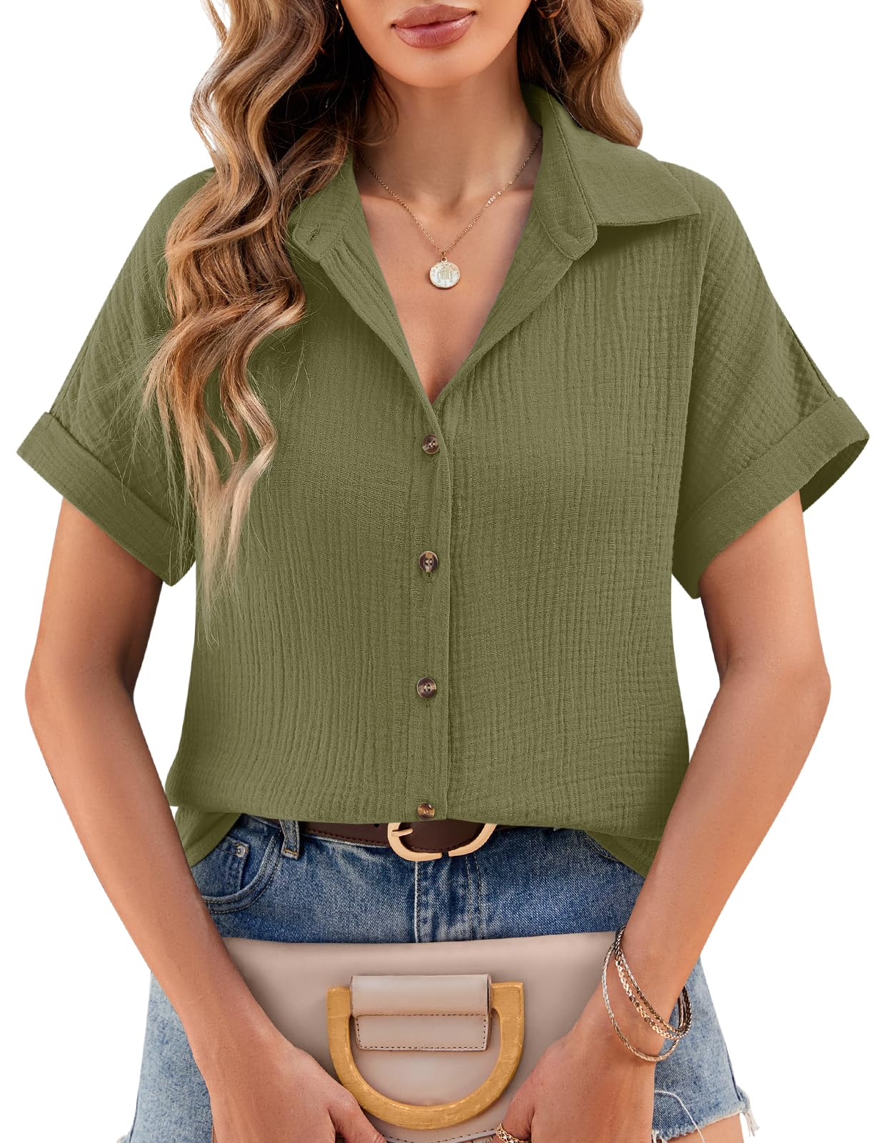 heekpek Musselin Bluse Damen Sommer Blusenshirt V-Ausschnitt Hemdbluse Elegante Oberteile 100% Baumwolle Kurzarm Blusen Tunika Shirt