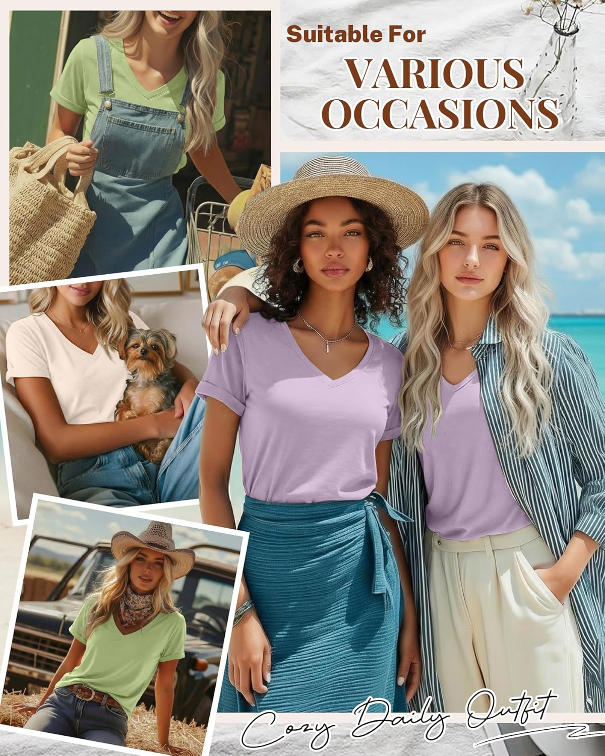 Ficerd 3 Pack Women's V Neck T Shirts, Summer Casual Short Sleeve Tops Loose Fit Rolled Sleeve Tees Trendy Shirts - Image 4