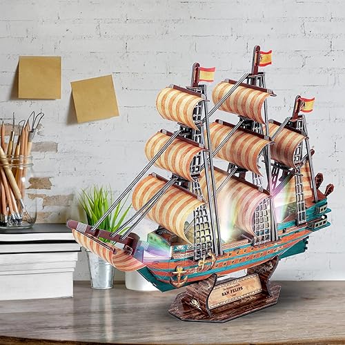 Miniatura 7 de HUOQB LED The Spanish Armada Ship Rompecabezas 3D de estilo vintage moderno, kit de modelo de vela, juguete de montaje de bricolaje, kit de modelo