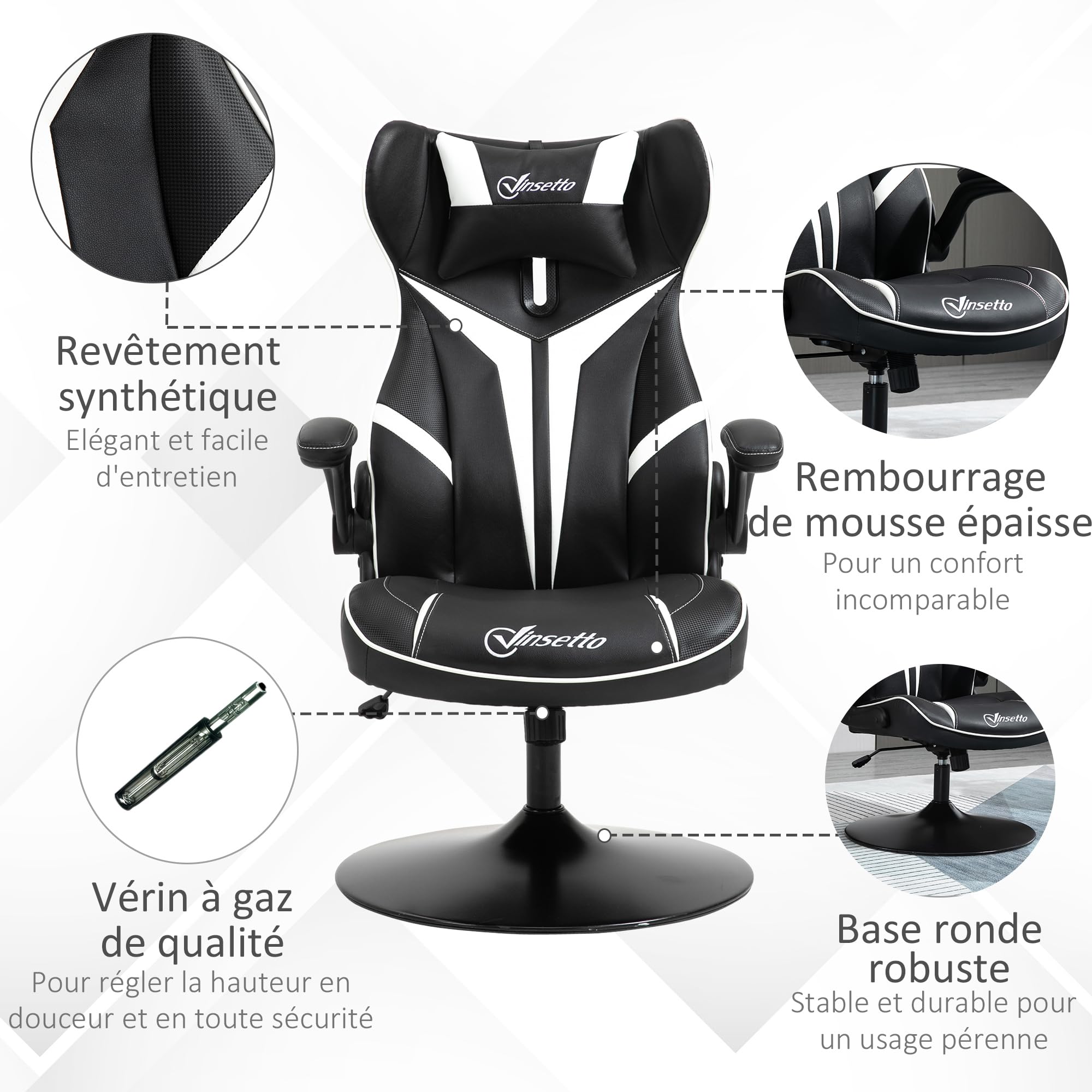 Vinsetto Fauteuil Gamer Chaise de Jeu Gaming pivotante 360° Ergonomique Hauteur réglable accoudoirs revelables Coussin têtière Inclus revêtement Similicuir 67 x 70 x 106-112 cm Blanc et Noir