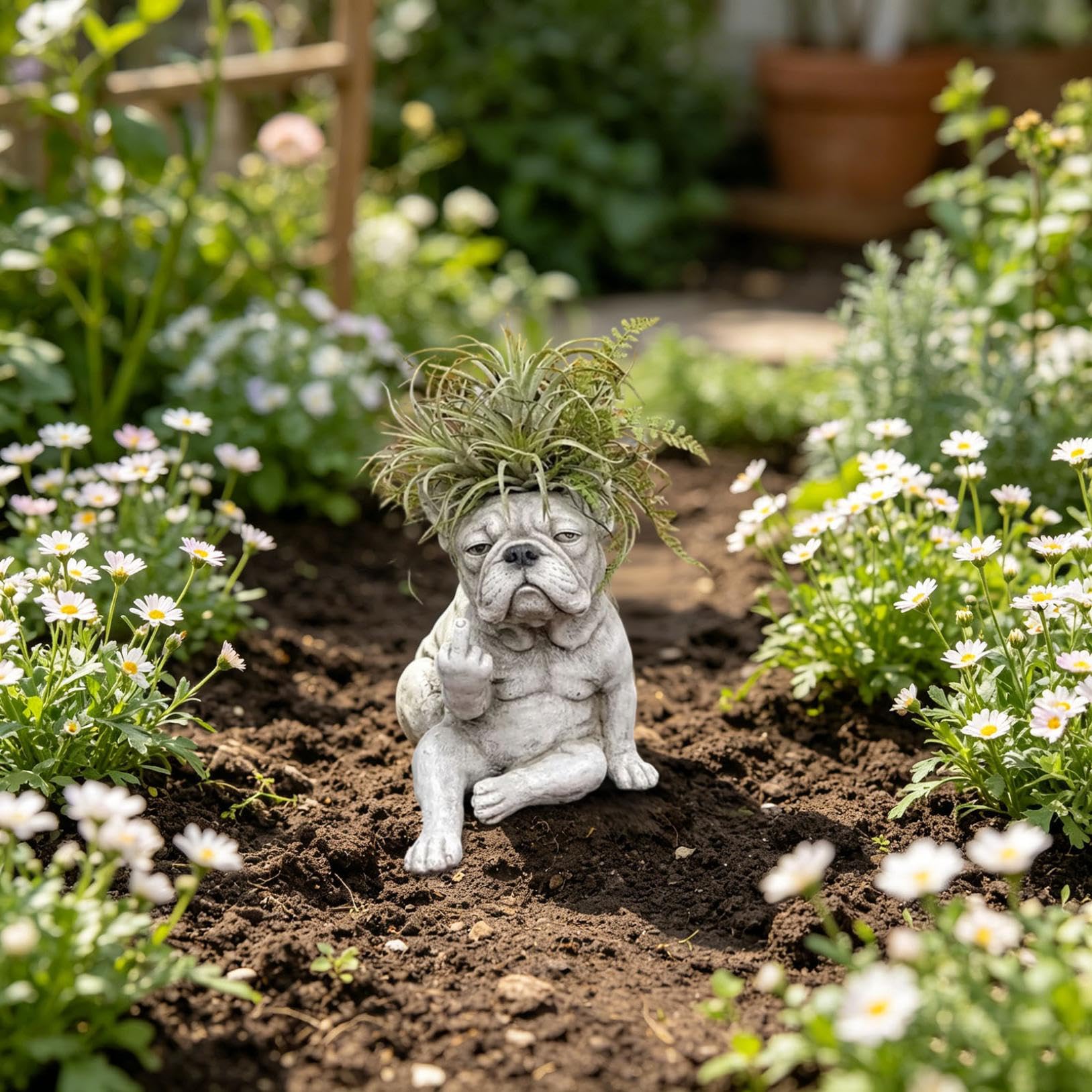 Pot de fleurs amusant en forme de bouledogue français, pot de fleurs créatif en résine, décoration de jardin, statue de chien, pot pour plantes d'extérieur (blanc_D)